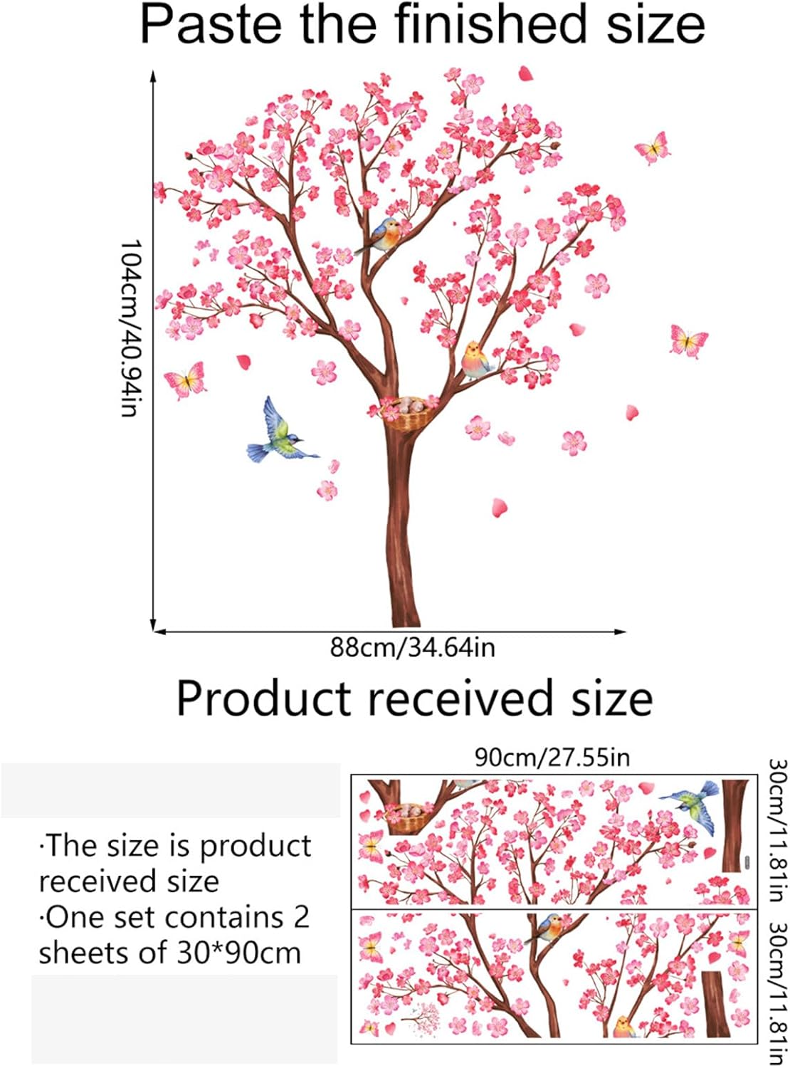 Calcomanías de pared de árbol de flores rosadas, calcomanías de pared de pájaros en ramas, decoración de pared de flores rosas para dormitorio, sala