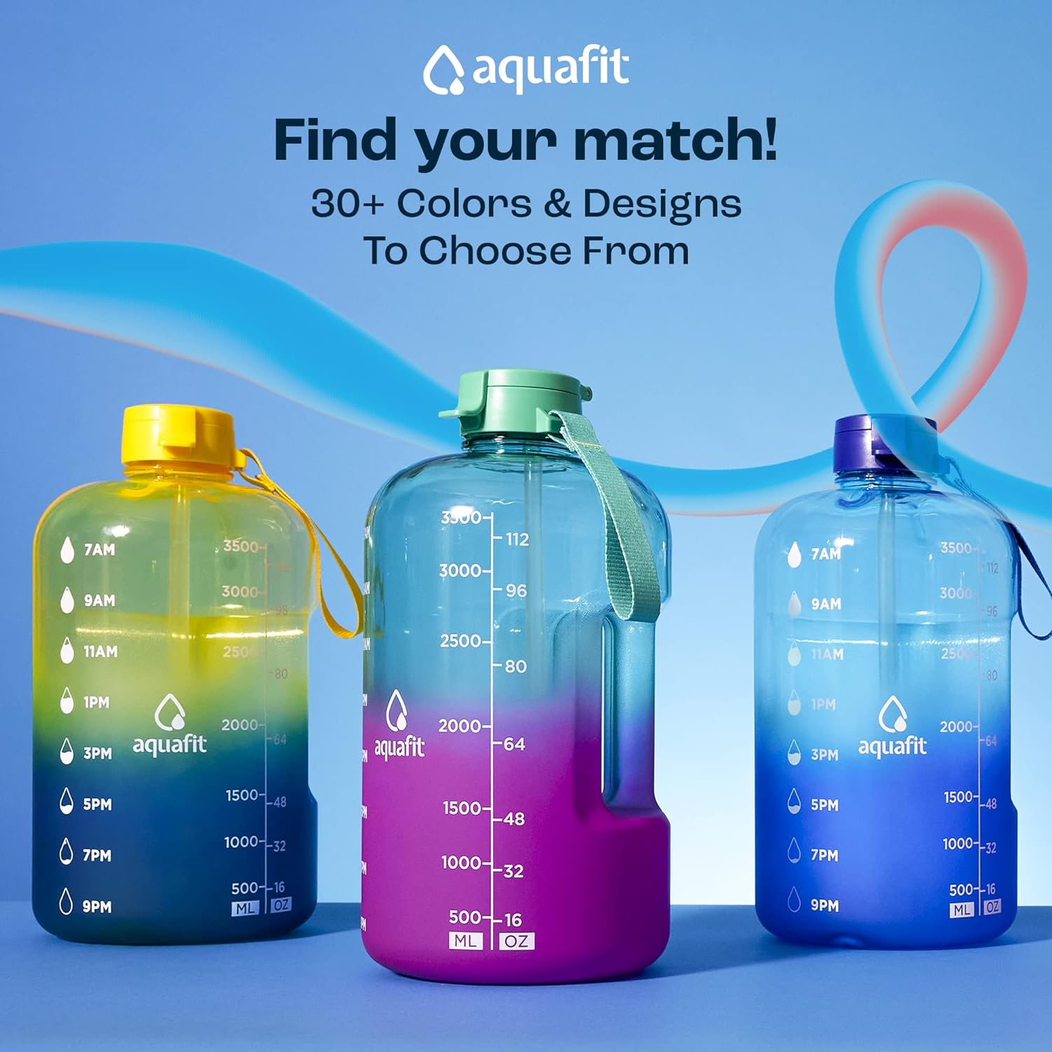 AQUAFIT Botella de agua de 1 galón con marcador de tiempo, botella de agua de 128 onzas con popote, botella de agua para el gimnasio, botella de