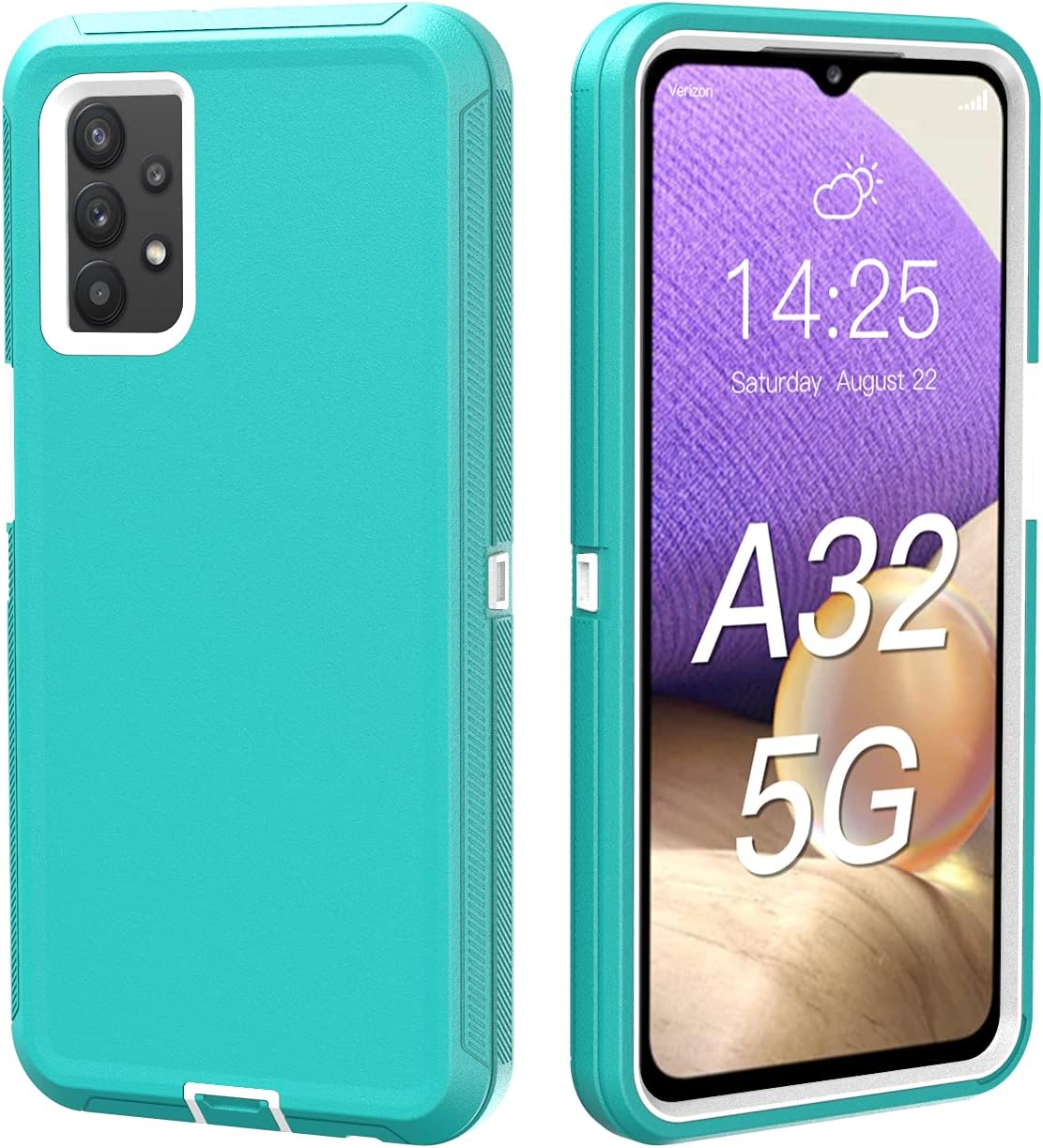 Funda para Galaxy A32 5G, resistente no compatible con 4G, con clip, a prueba de golpes a prueba de caídas a prueba de polvo (verde azulado-blanco)