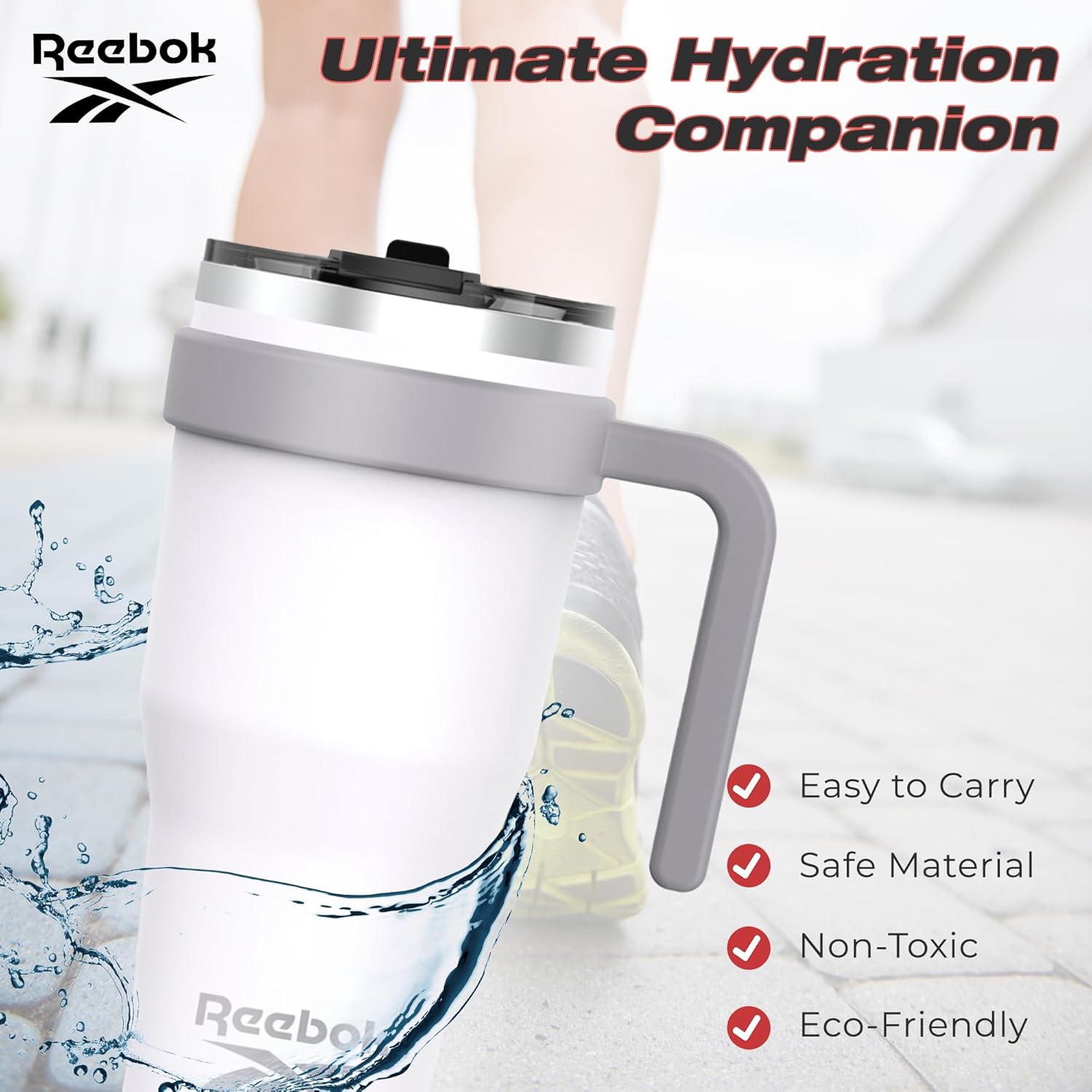 Reebok Vaso de acero inoxidable con asa, vaso de 40 onzas, dos tonos, vaso de doble pared aislado al vacío, vaso a prueba de fugas para hombres y