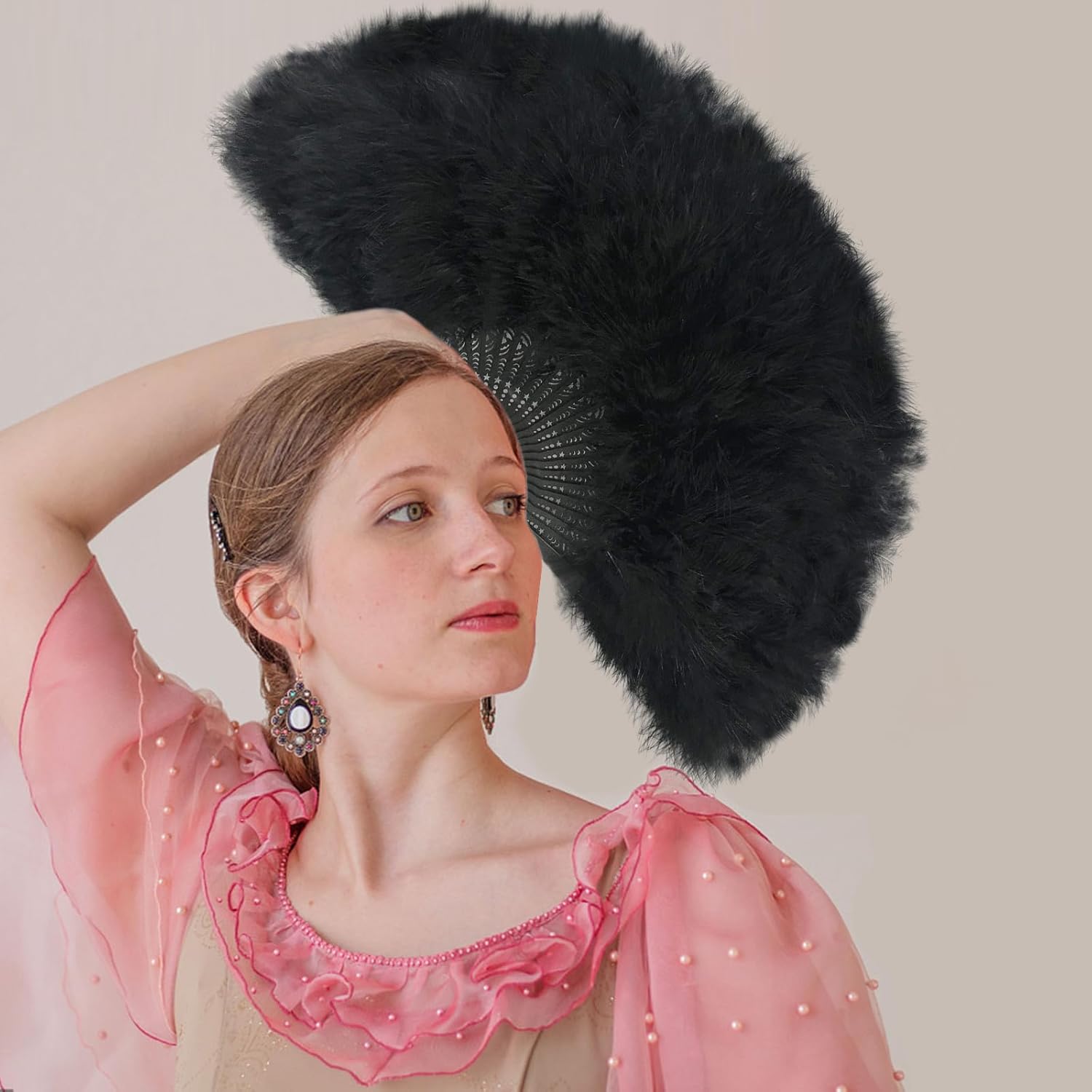 Abanico de plumas de Marabou, ventilador de mano plegable negro vintage de los años 20, ventilador de mano para festivales renacentistas para