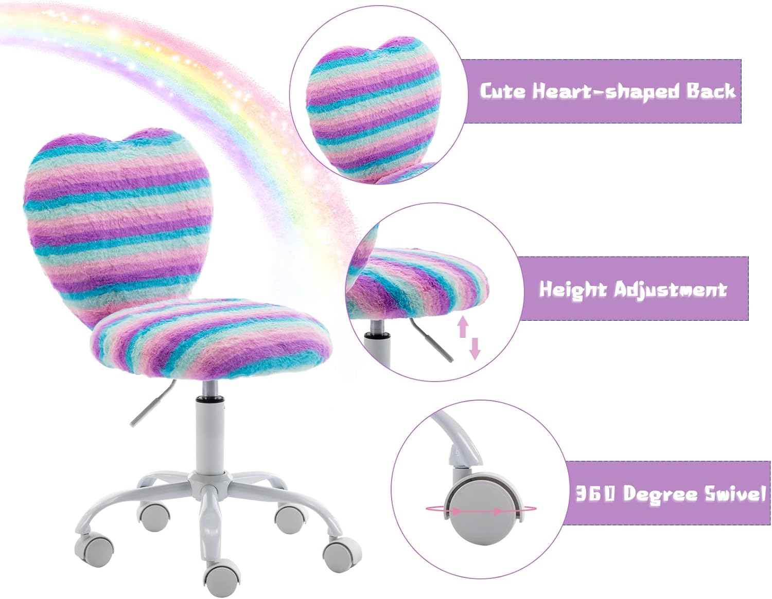chairus Silla de escritorio para niños, silla de estudio pequeña de piel sintética para adolescentes, silla de tocador ajustable en forma de corazón
