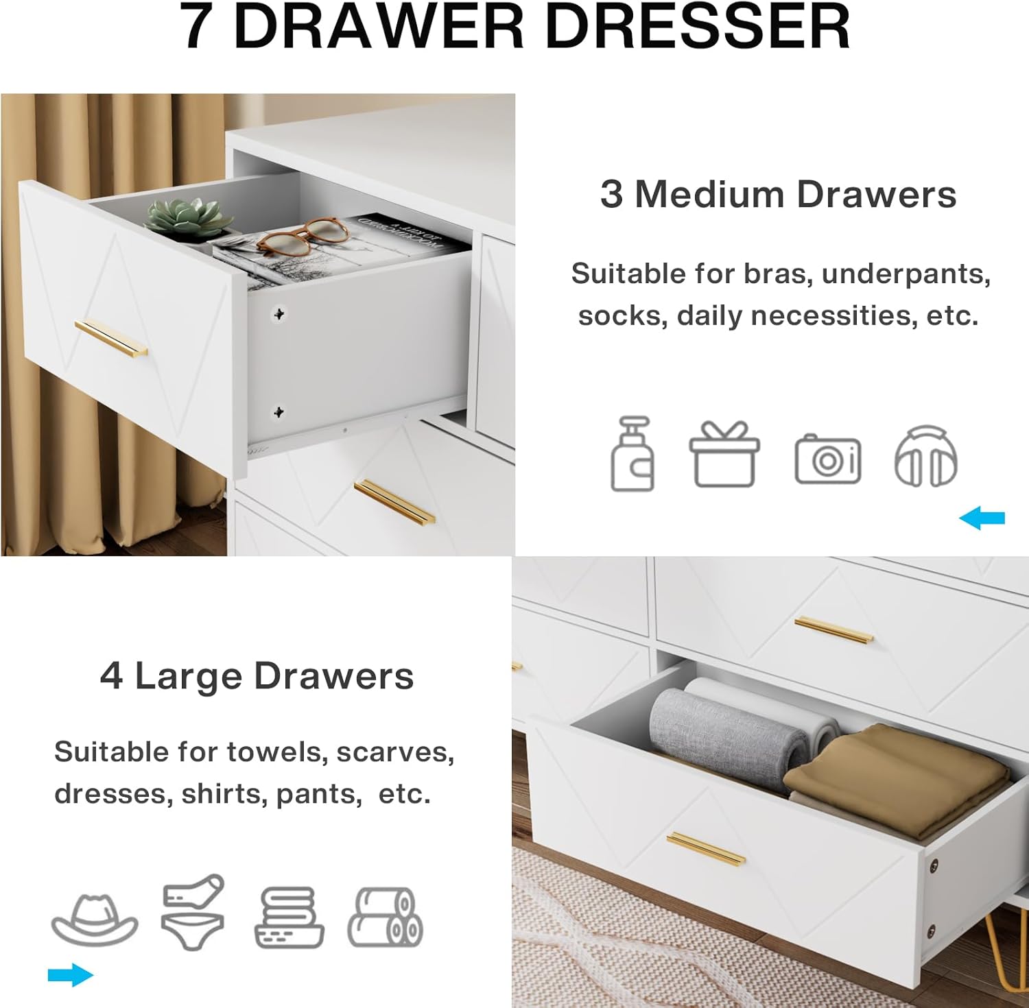 JOZZBY Cómoda para dormitorio, cómoda de 7 cajones, cómoda blanca con asas doradas, cómodas modernas y cómodas, cómoda para niños, para dormitorio,