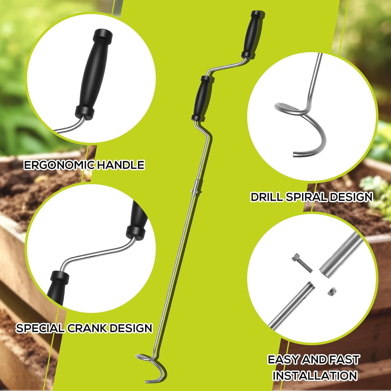 Aireador de compost, volteador de abono y herramienta de mezcla, herramienta aireadora de compost de acero inoxidable, herramienta de aireación de