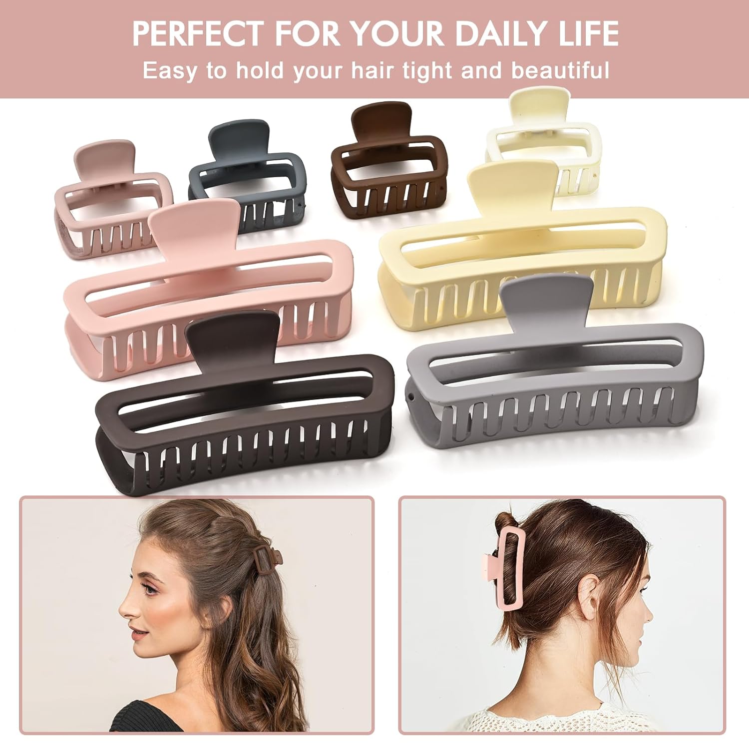 Paquete de 8 pinzas grandes para el cabello grueso, rizado, largo, cuadrado, de sujeción fuerte, pinzas de mandíbula mate, medianas, grandes, pinzas