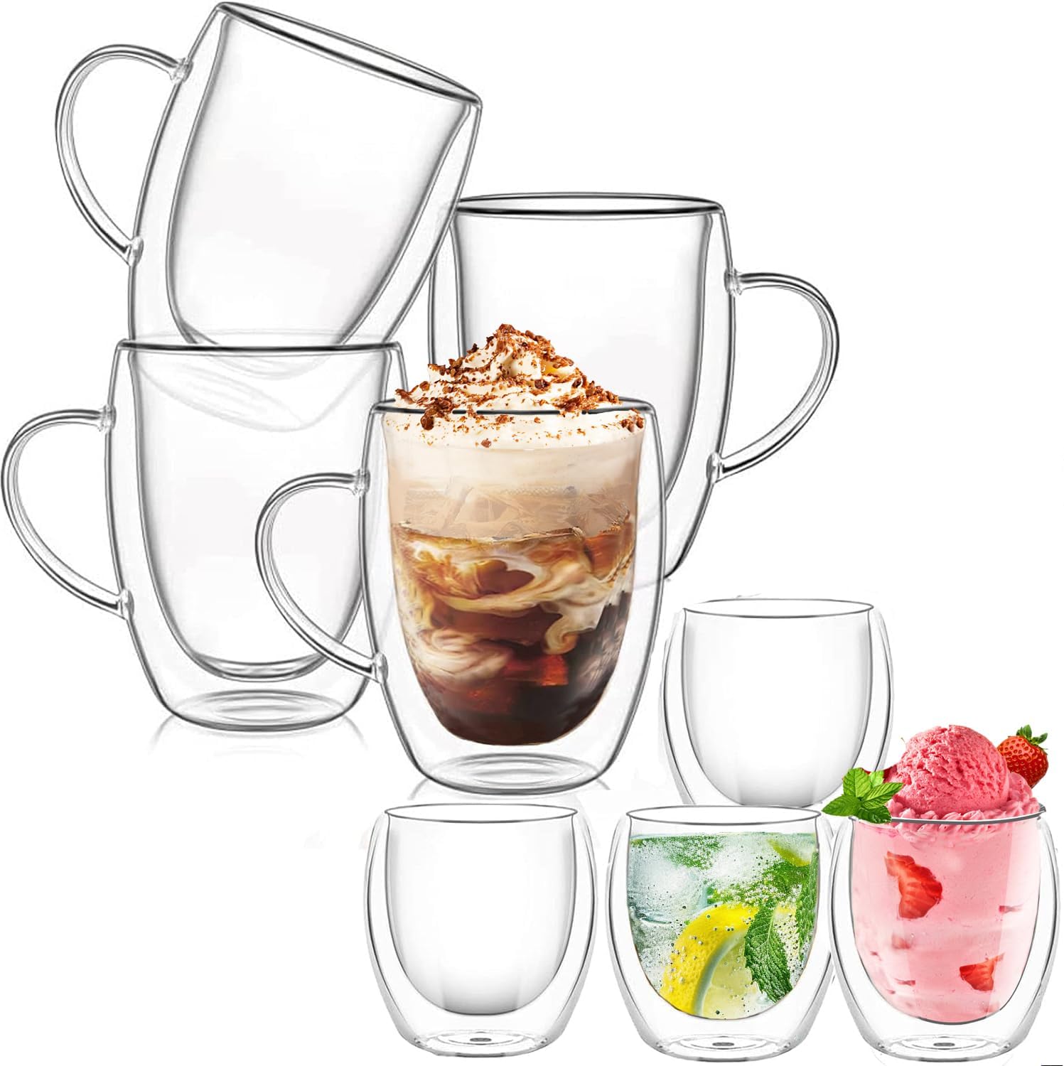 8 tazas lnsuladas de doble pared de vidrio con leche, vasos de café apilables de vidrio (12 oz3 onzas), taza con aislamiento térmico transparente