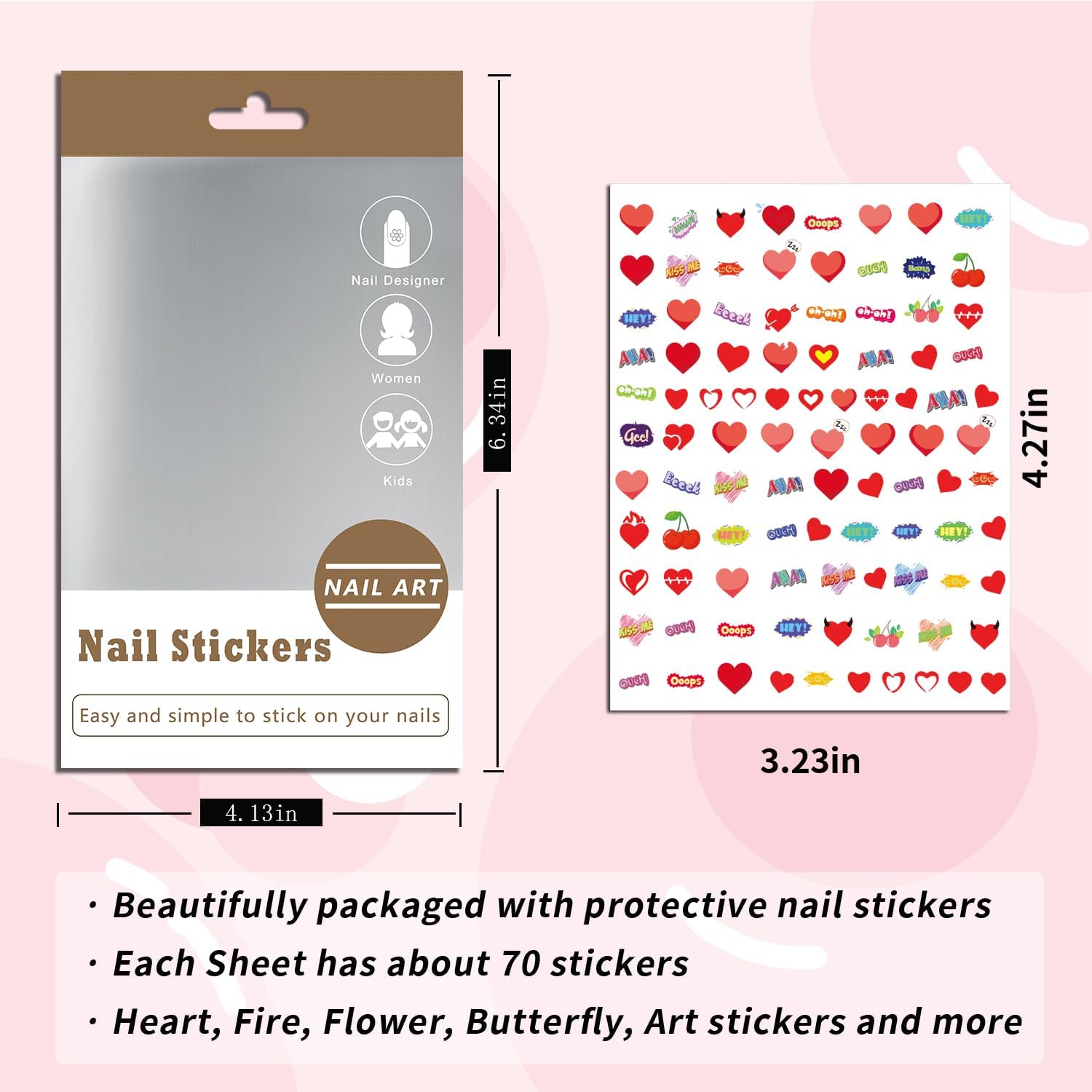 18 hojas de calcomanías para arte de uñas, calcomanías para mujeres y niñas pequeñas, diseño de panda, colorido, caricatura, fuego, sol, flor,