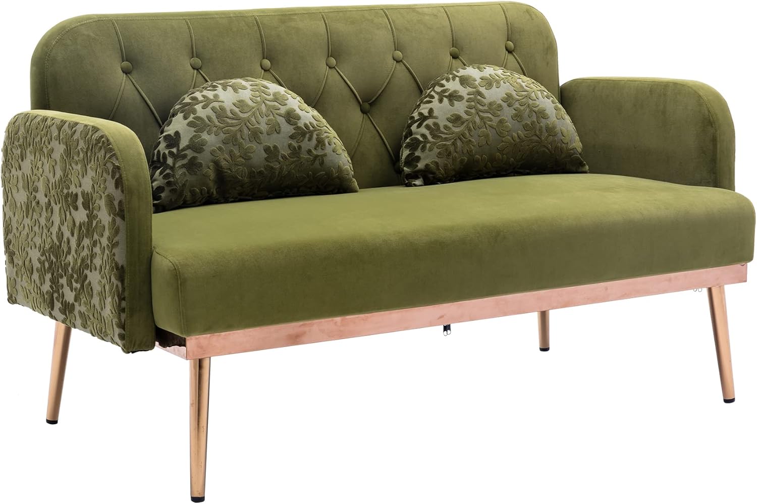 Sofá biplaza verde de terciopelo, sofá pequeño para dormitorio, sofá con pies de metal, 2 almohadas incluidas