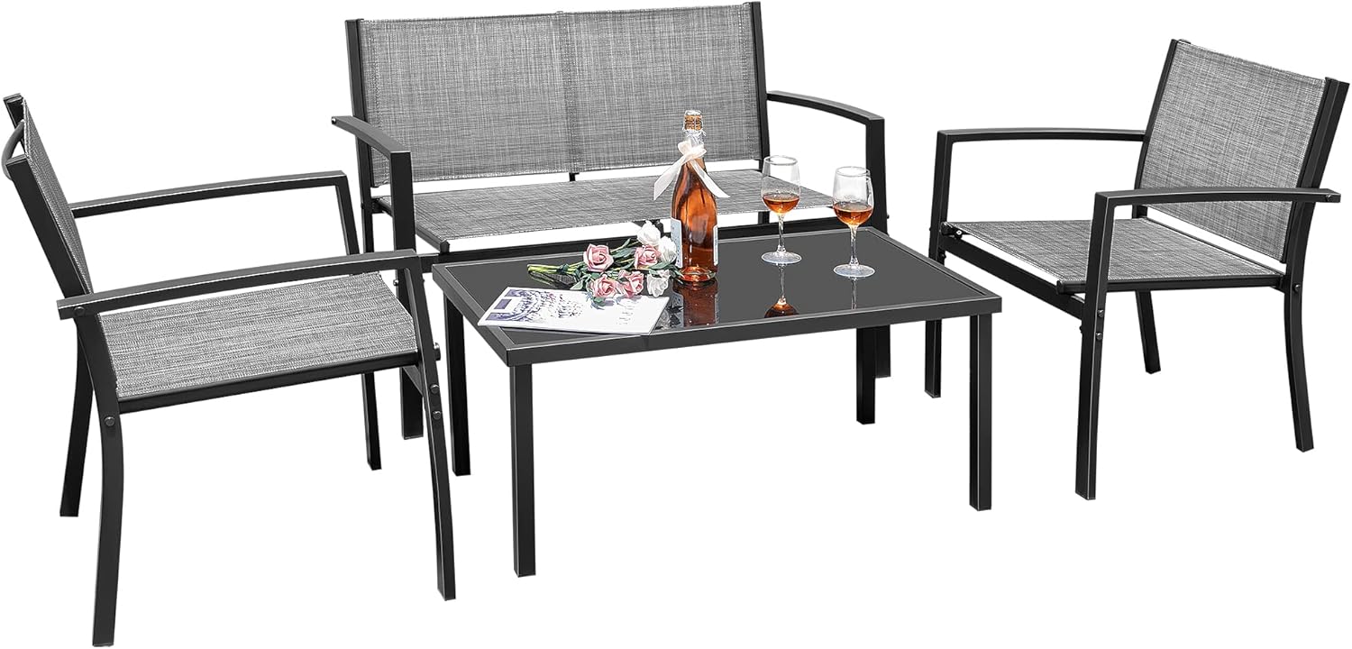Flamaker Juego de 4 muebles de patio para exteriores, muebles de patio al aire libre, juego de bistró de textileno, juego de conversación moderno,