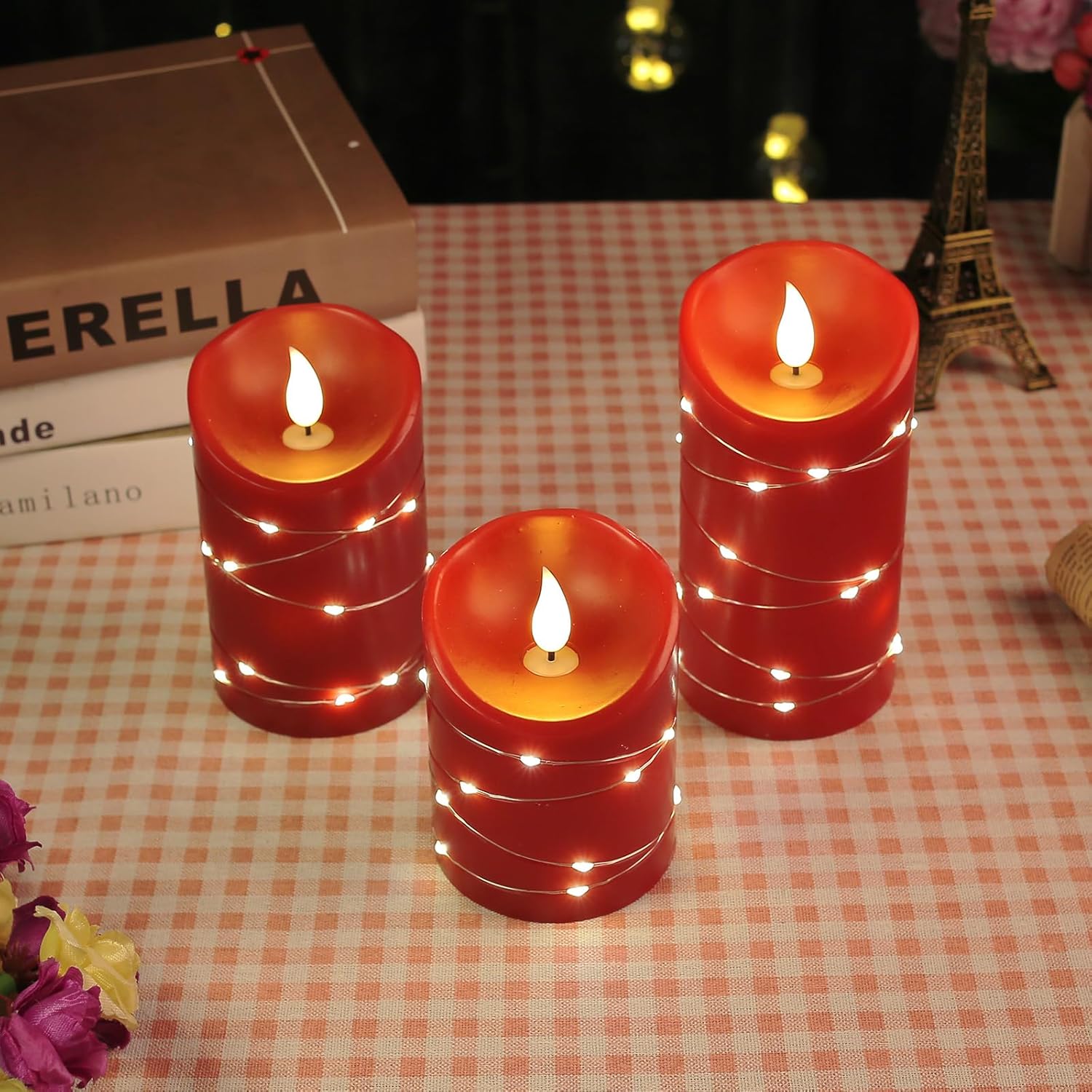 Vela sin llama recargable con cadena de velas LED con fuente de alimentación USB, control remoto, vela electrónica, luz intermitente, juego de 3
