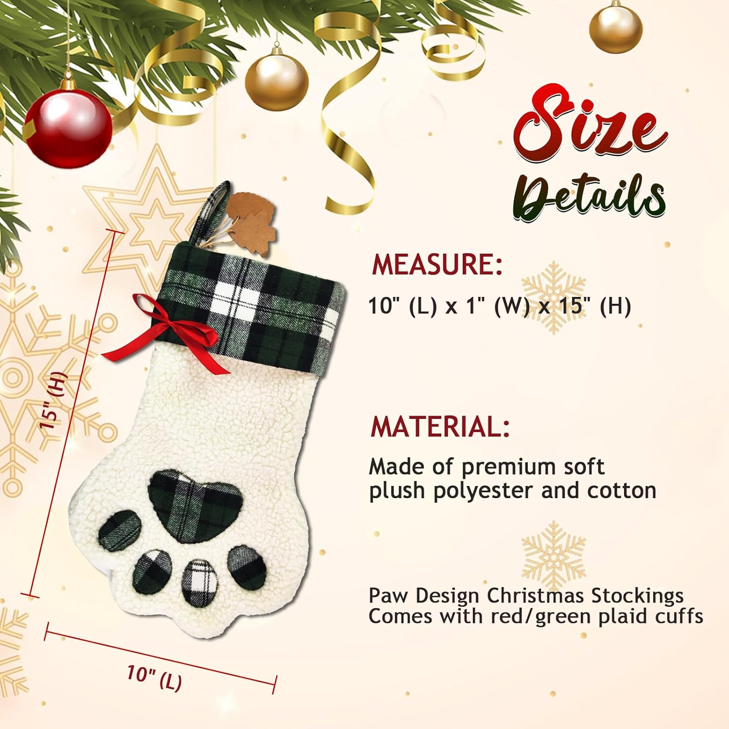 Calcetines de Navidad personalizados para perros, patas de perro con nombre, sherpa sintético blanco con puño a cuadros verdes y detalles de hueso
