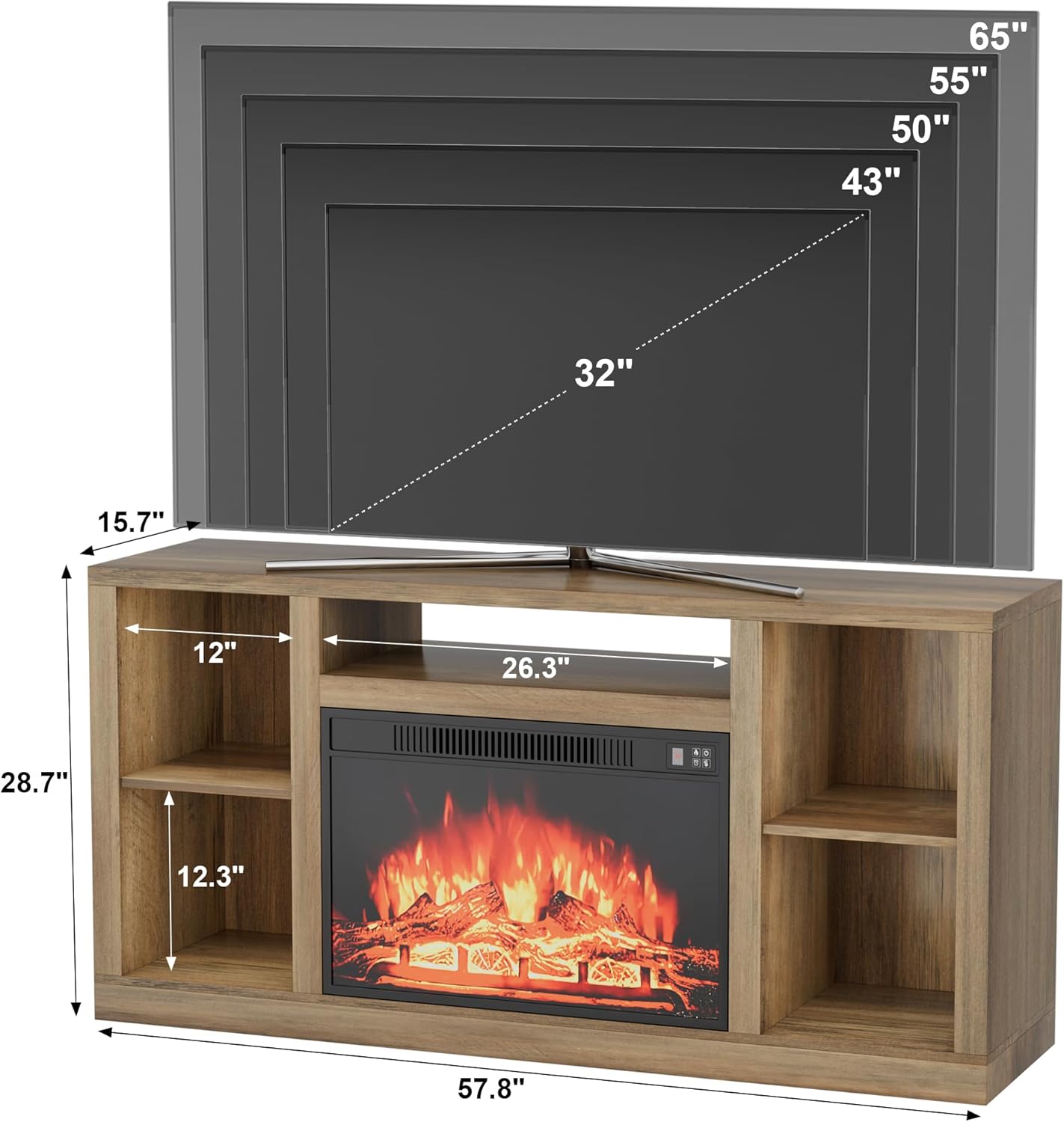YESHOMY Soporte de TV con chimenea eléctrica para televisores de hasta 65 pulgadas, mesa consola central de entretenimiento multimedia con cuatro