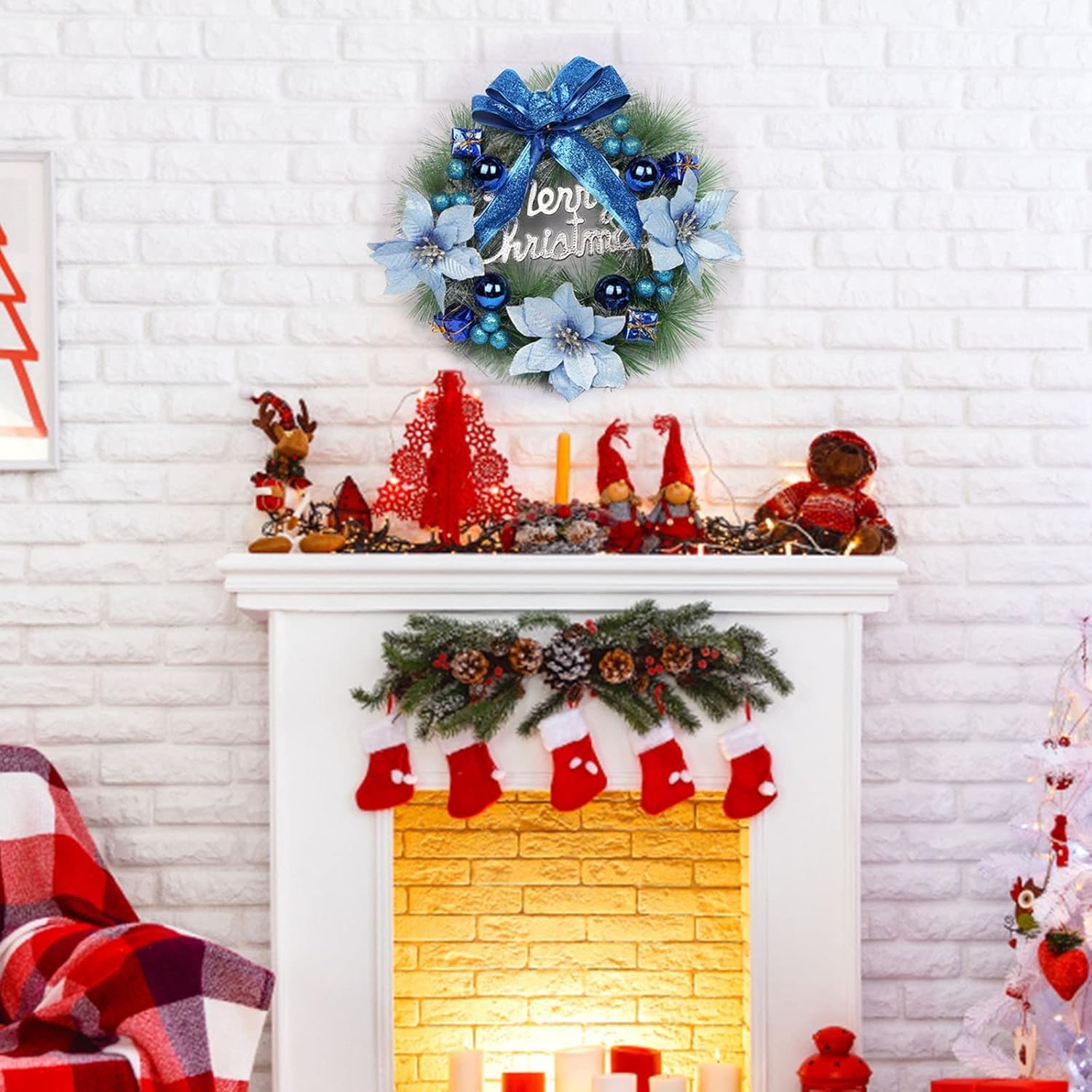 Corona de Navidad para puerta delantera con detalles azules, lazo para decoración de puerta delantera, 12 pulgadas, para pared exterior, interior,