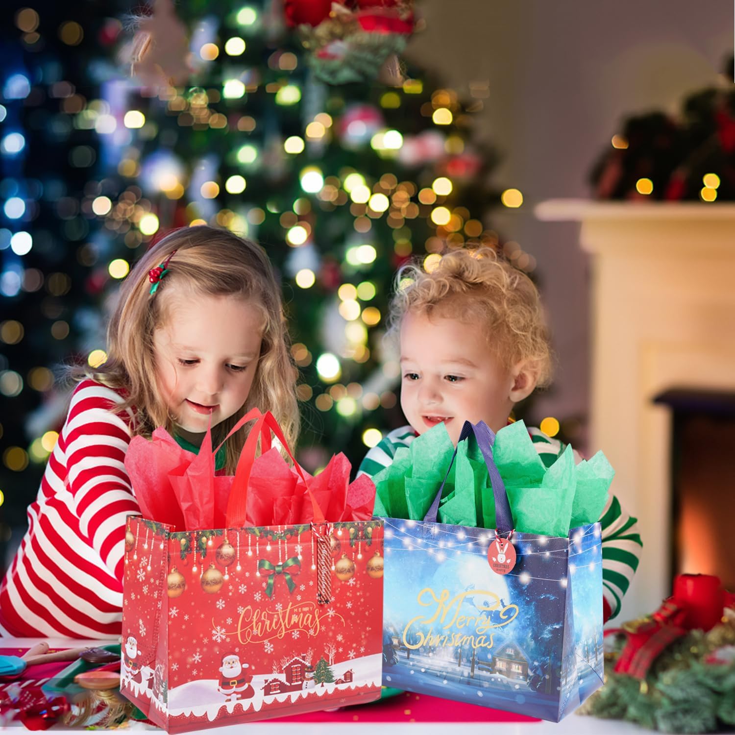 Ranfashiong 10 bolsas reutilizables de Navidad no tejidas con papel de seda para envolturas de fiestas de Navidad, bolsas de regalo de compras de