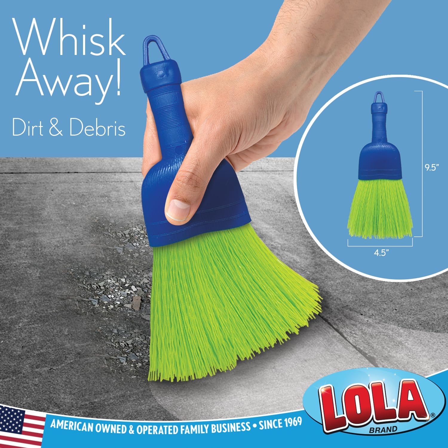 Lola Productos Escoba batidora, cepillo de mano, fibra de poliéster duradera y cerdas de nailon, elimina la suciedad y los desechos, 9.5 pulgadas de