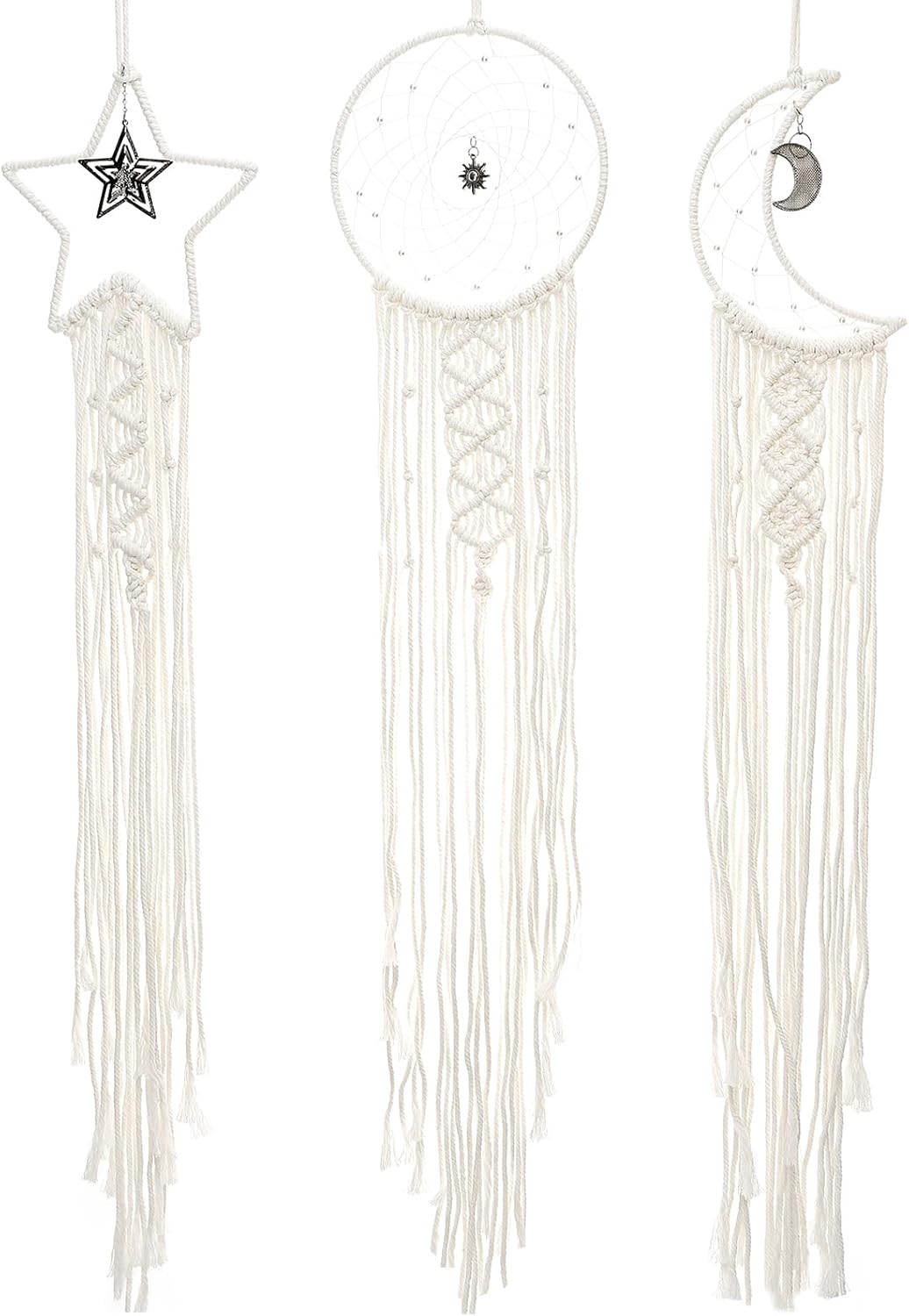3 piezas atrapasueños Boho FeelfunFeather Luna Sol adorno hecho a mano para dormitorio, adultos, niñas, niños, decoración de pared colgante para el