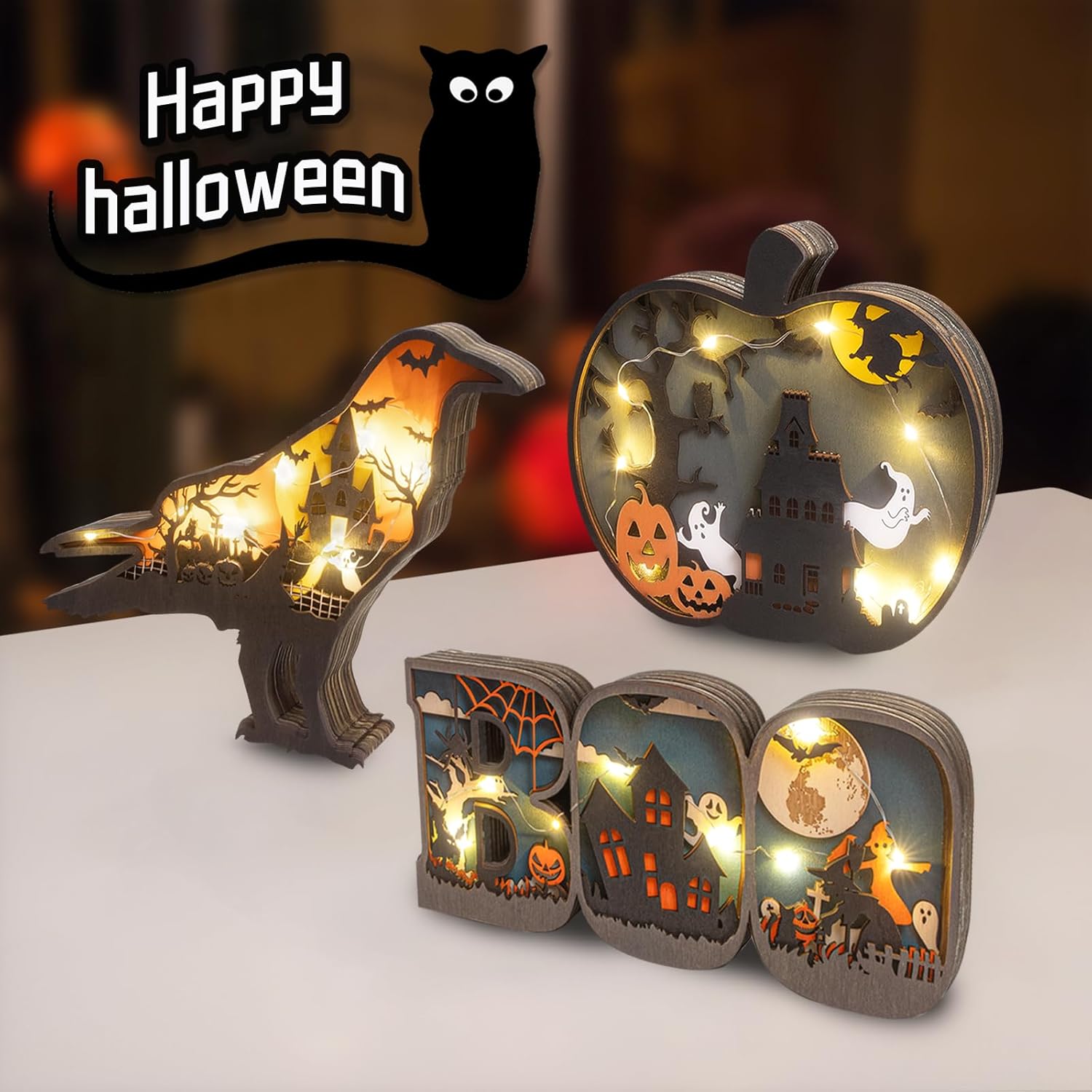 Letrero de madera para Halloween, adornos de madera tallada con luces LED, lámpara decorativa de madera para decoración de fiesta de mesa
