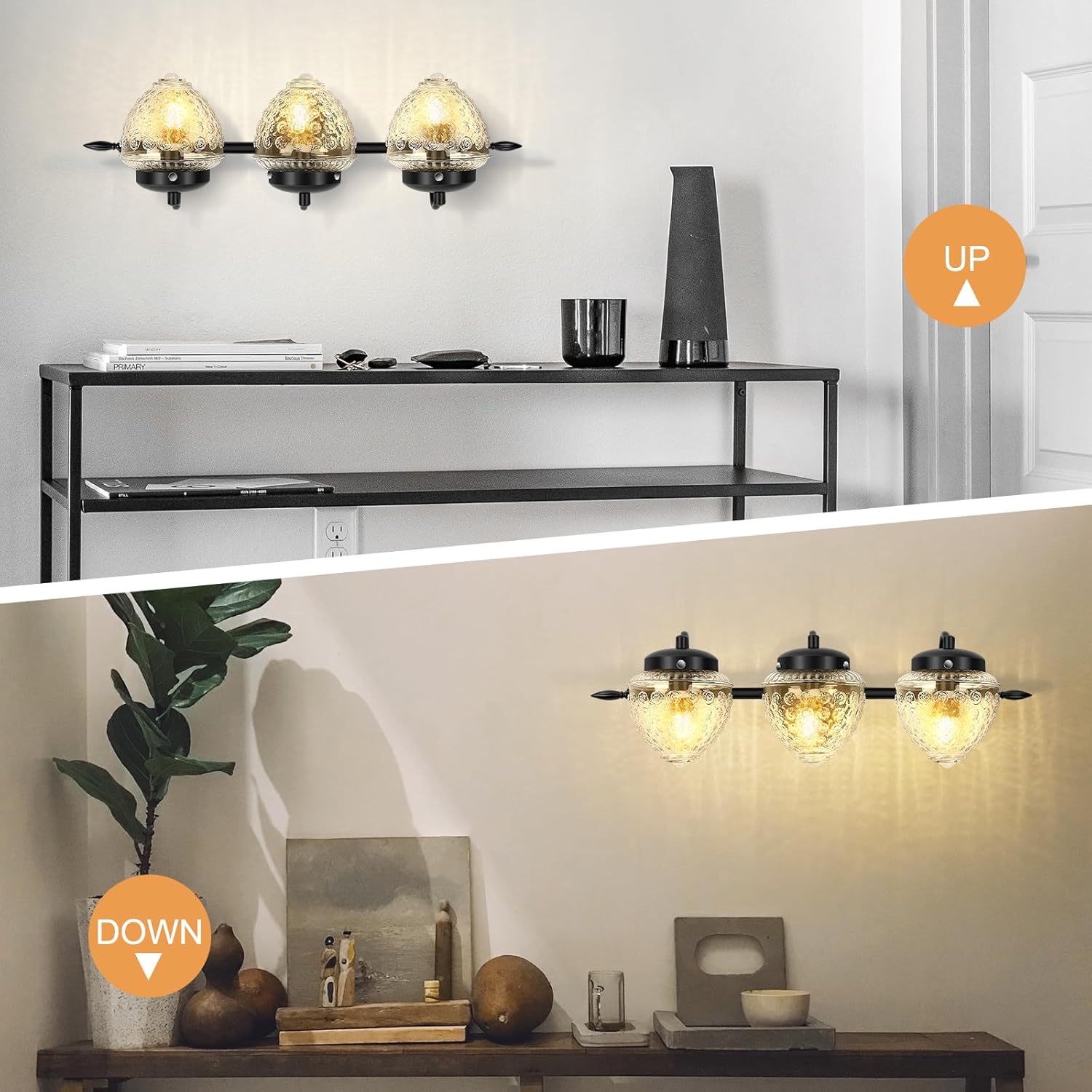 FRIDEKO HOME Lámpara de tocador de baño de 3 luces, pantalla de cristal grueso retro, superficie pintada de negro, luz de pared de baño sobre