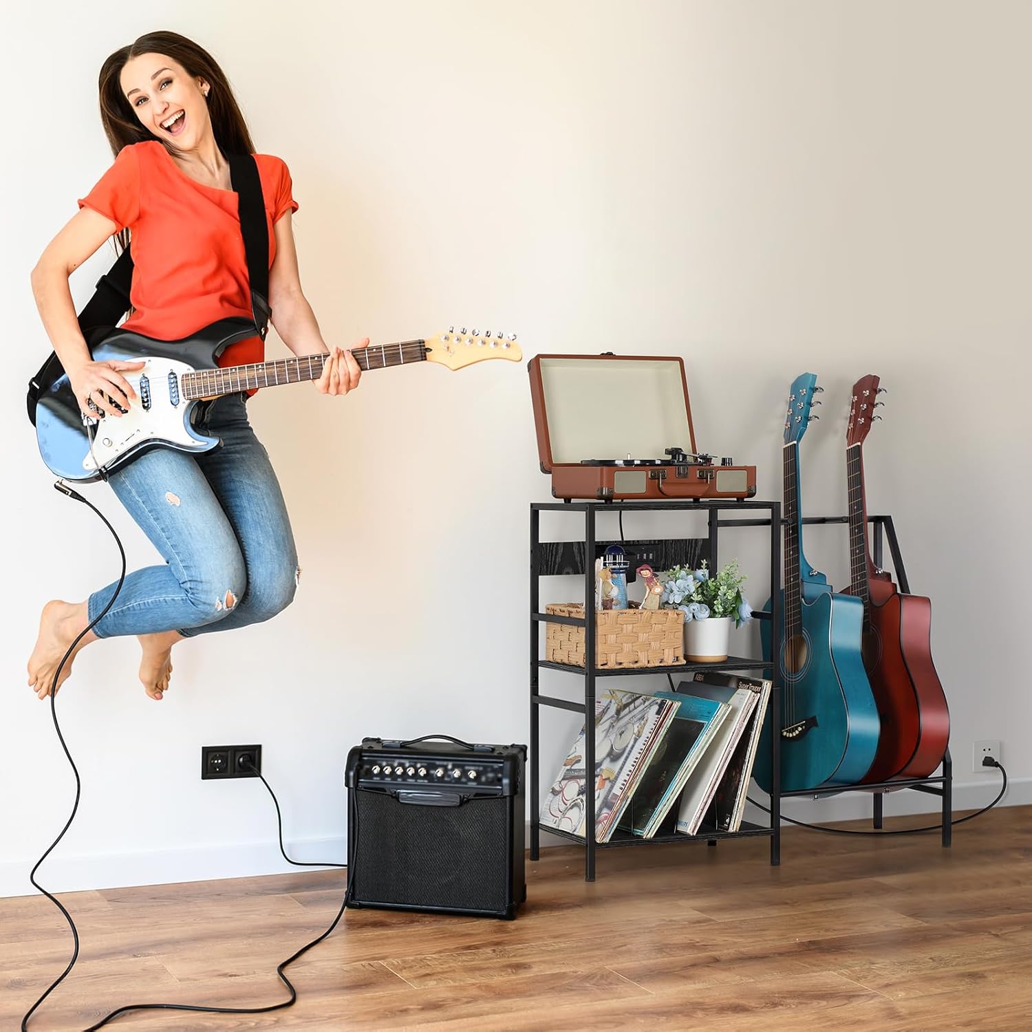 Soporte para guitarra, soporte para tocadiscos, soporte para guitarra con estación de carga, soporte de exhibición de guitarra con almacenamiento de