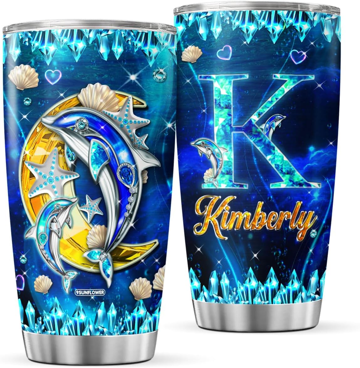Vaso de café personalizado con inicial, taza de viaje de delfín con tapa, nombre personalizado, regalos de cumpleaños para mujeres, adolescentes,