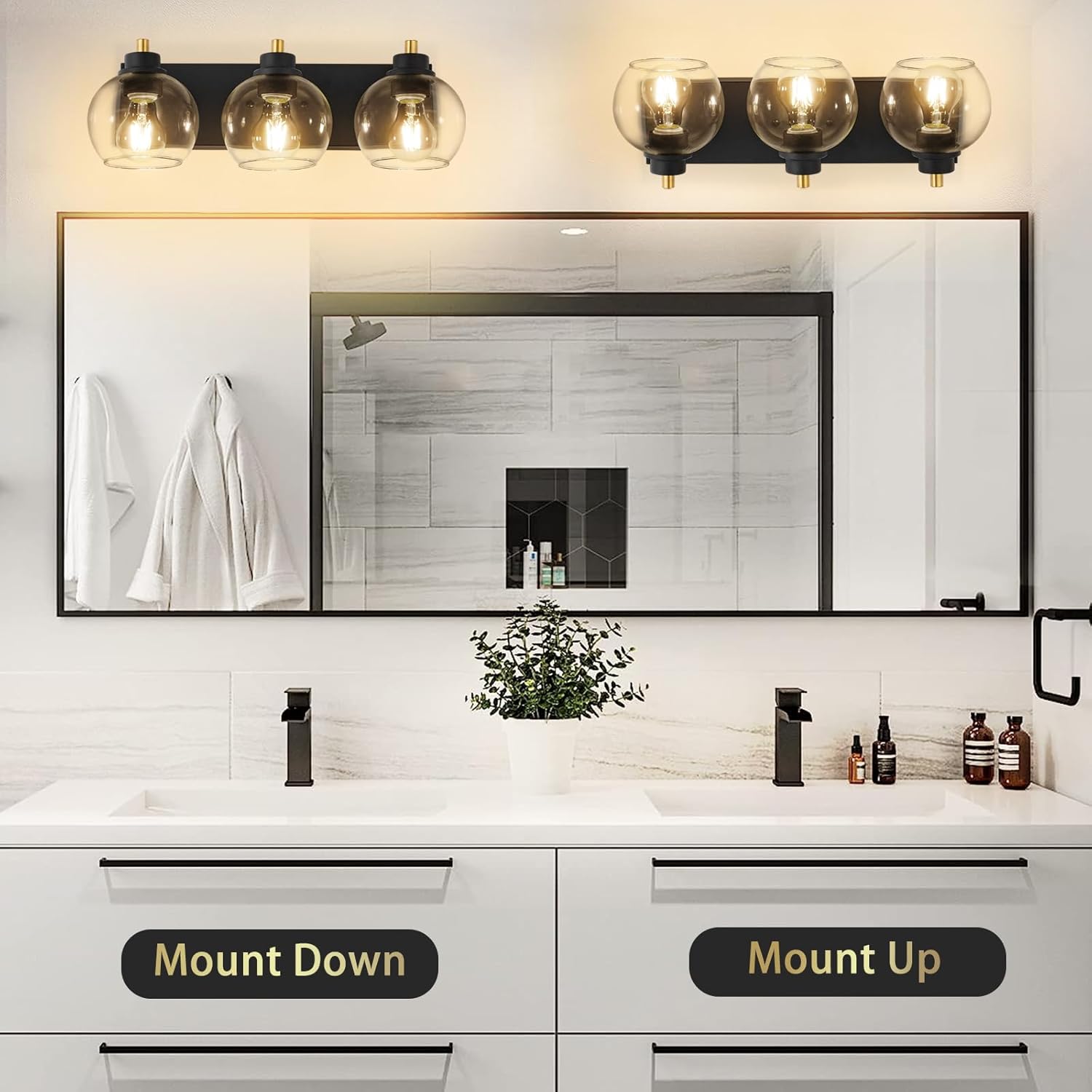 Lámpara de tocador de baño de 3 luces, lámparas de baño negras y doradas, lámpara de tocador moderna con pantalla de vidrio transparente, aplique de