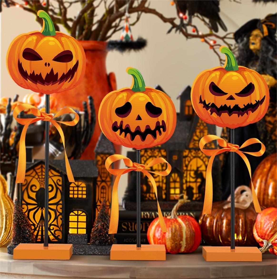 3 piezas de decoración de bandeja escalonada de Halloween, calabaza de madera, decoración de Halloween, letrero aterrador para interiores para