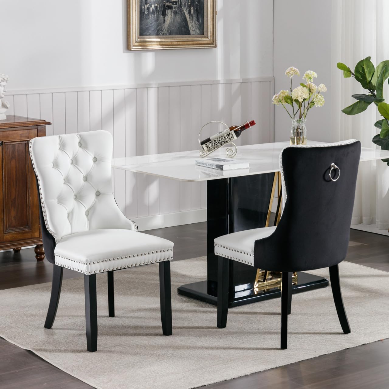 Juego de 2 sillas de comedor modernas de mediados de siglo en terciopelo, sillas de comedor de cocina con respaldo de botón y ribete de anillo,