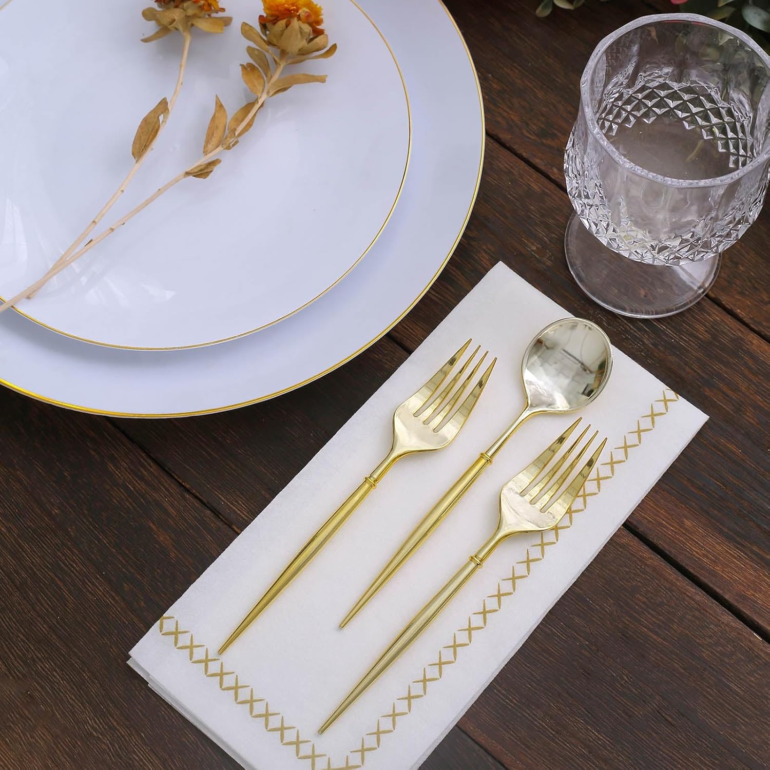 Efavormart – Juego de 24 utensilios de tenedorcuchara de plástico dorado metálico de 6 pulgadas, cubiertos desechables modernos y resistentes