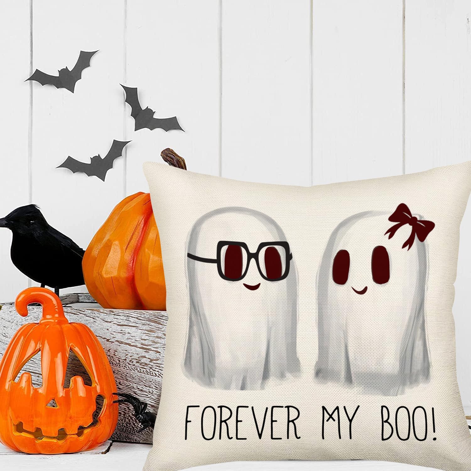 Easternproject Forever My Boo – Fundas de almohada de 18 x 18 pulgadas, diseño de fantasma, Halloween, granja, color blanco, fundas de almohada