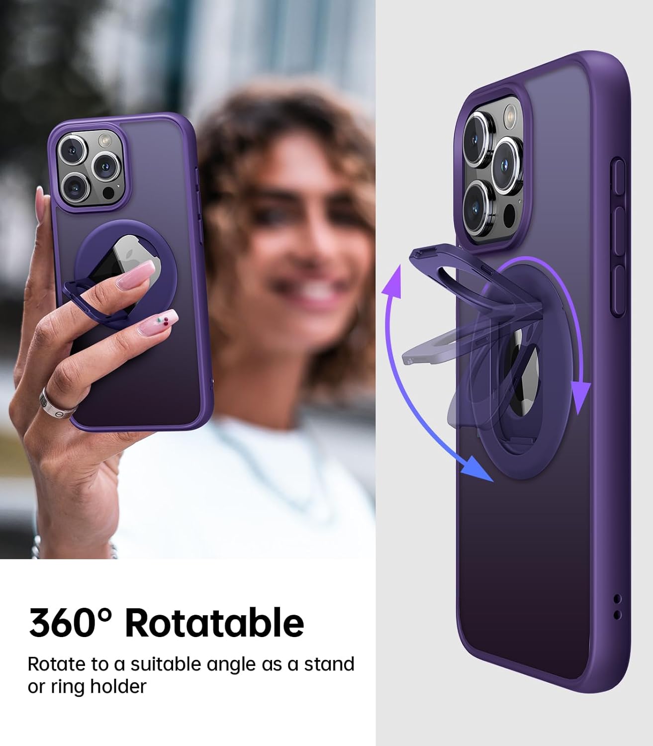 Meifigno MagicRing Series – Funda diseñada para iPhone 15 Pro, soporte y soporte de anillo giratorio de 360, compatible con MagSafe, protección de