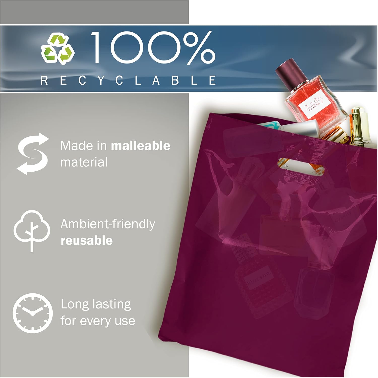 Purple Merchandise – Bolsas de plástico para compras, paquete de 100 unidades de 9 x 12 pulgadas con 1.5 mil de grosor, asas troqueladas, perfectas