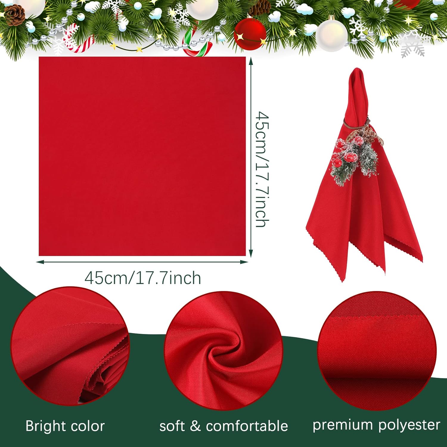 Sliner Juego de 24 servilletas y anillos de Navidad, 12 servilletas de Navidad lavables de color rojo y 12 servilleteros de Navidad para cenas