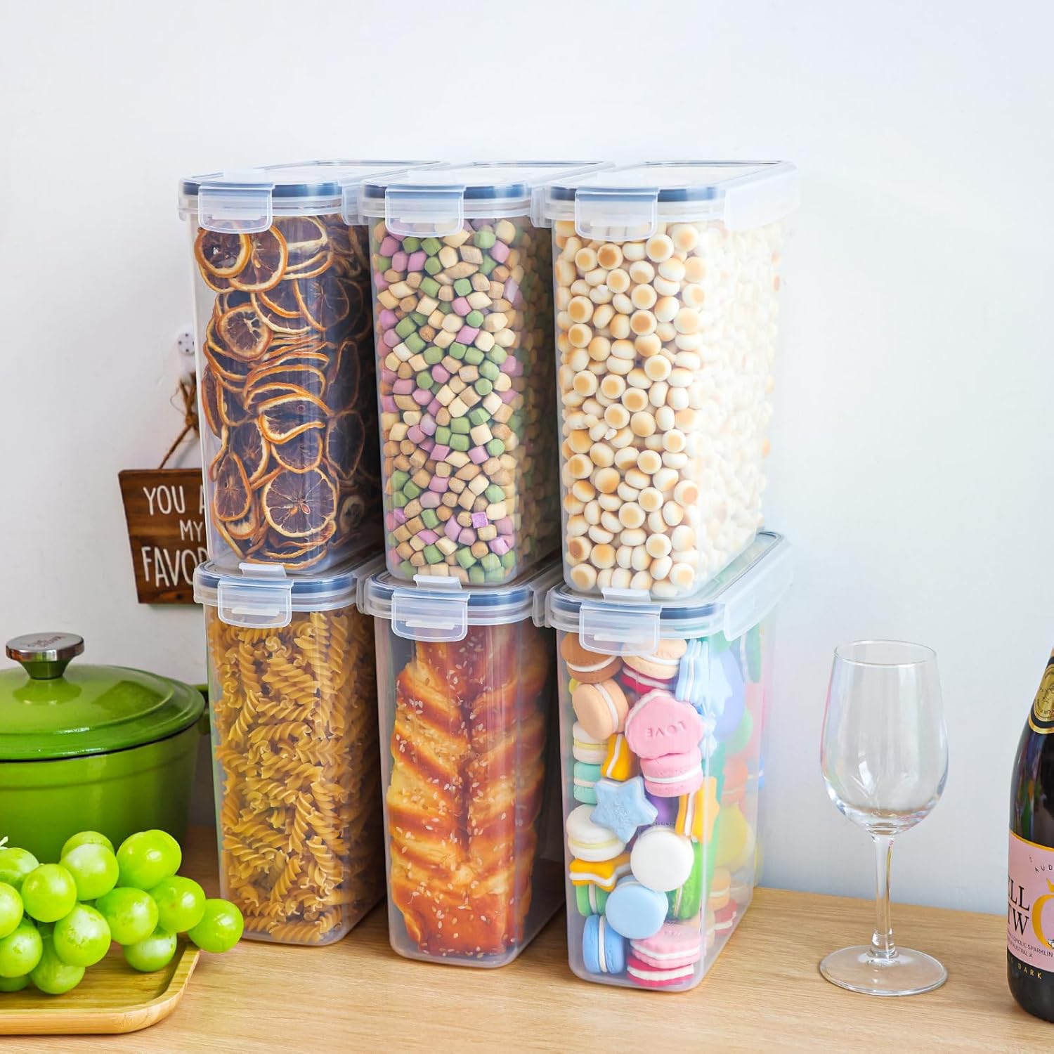 Moretoes Recipientes de cereales, 6 unidades de 4L 135 oz de plástico para despensa de cereales con cucharas medidoras, para harina, azúcar, arroz