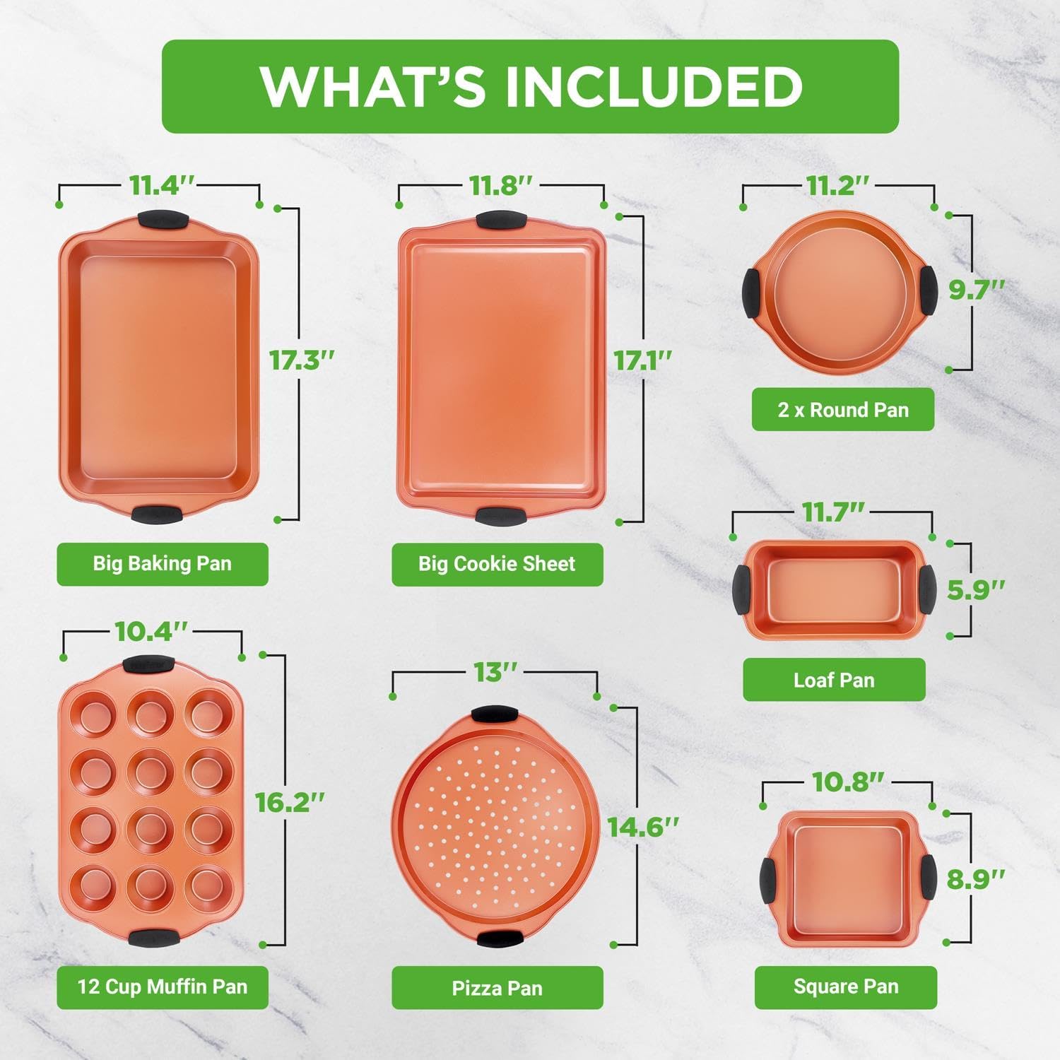 NutriChef Juego de 8 sartenes para hornear, antiadherentes de acero al carbono con asas de silicona resistentes al calor, incluye molde para pan,