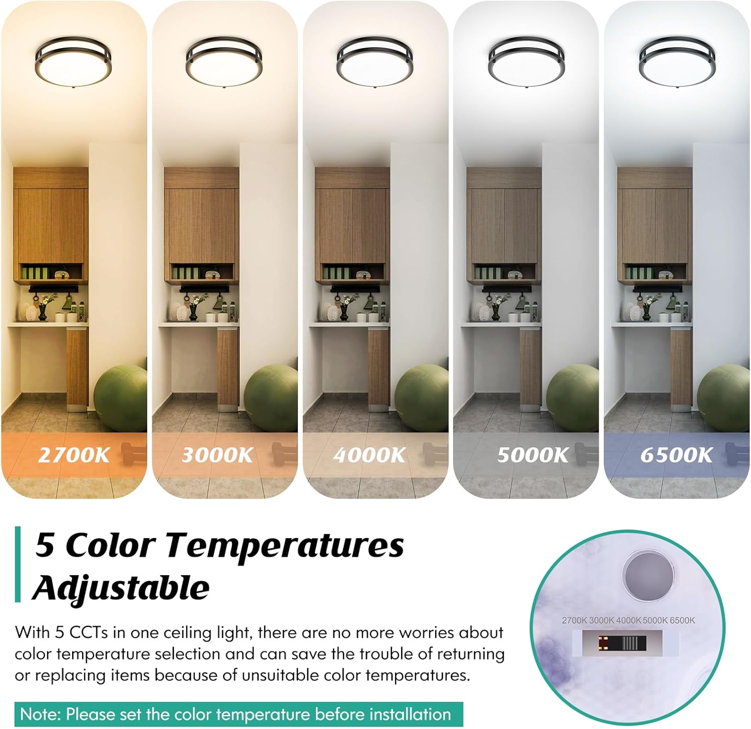 Lámpara de techo empotrada negra, 30 W, 4000 lm, 5CCT, regulable, lámpara de techo LED, 2700 K3000 K4000 K5000 K6500 K, ajustable, 10 pulgadas, para