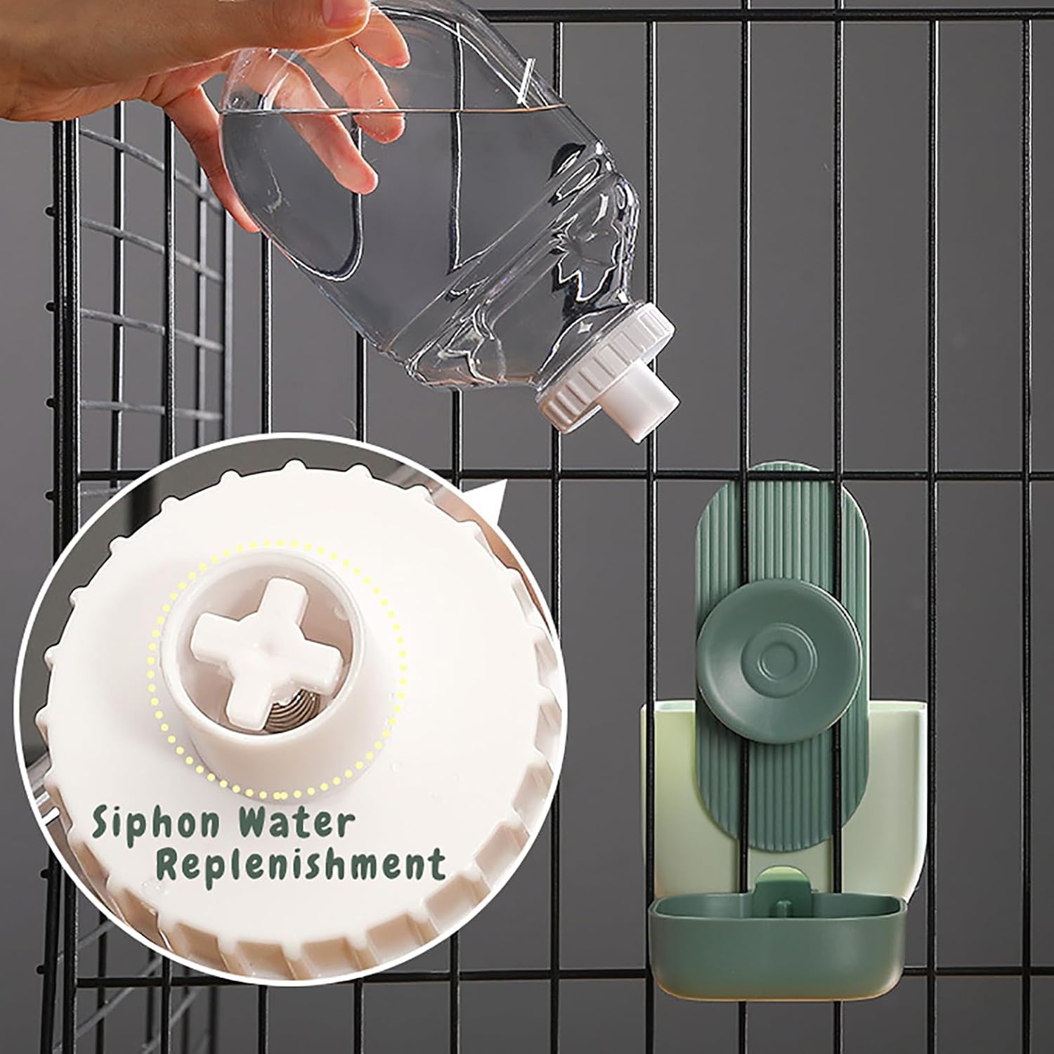 Hanging Cage Automatic Pet Food Water Dispenser 35oz, Gravity Refill Food and Siphon Suction Water Set for Medium Small Animals Puppy Cat Rabbit
