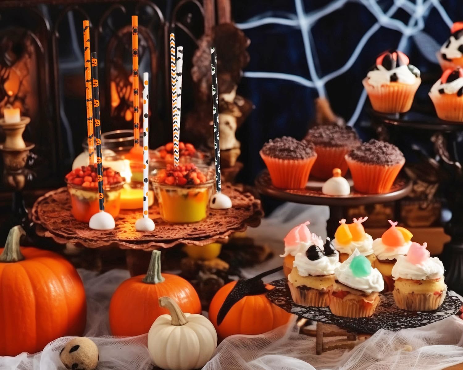 Pajitas de papel para Halloween, diseño de ángel penta, 50 unidades, calabaza, murciélago, araña, casada, cráneo, sorbete para niños, Halloween,