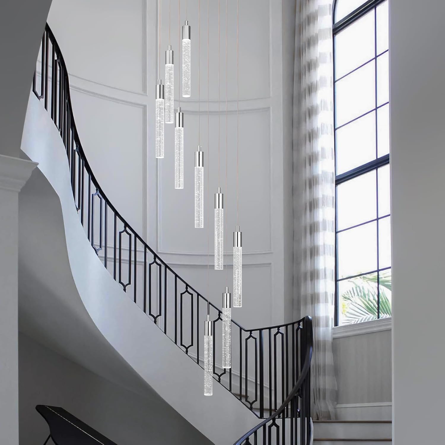 Lámpara colgante de cristal cromado, 9 luces, regulable, 54 W, 6000 K, escalera, grande, vestíbulo, sala de estar, vestíbulo, techo alto