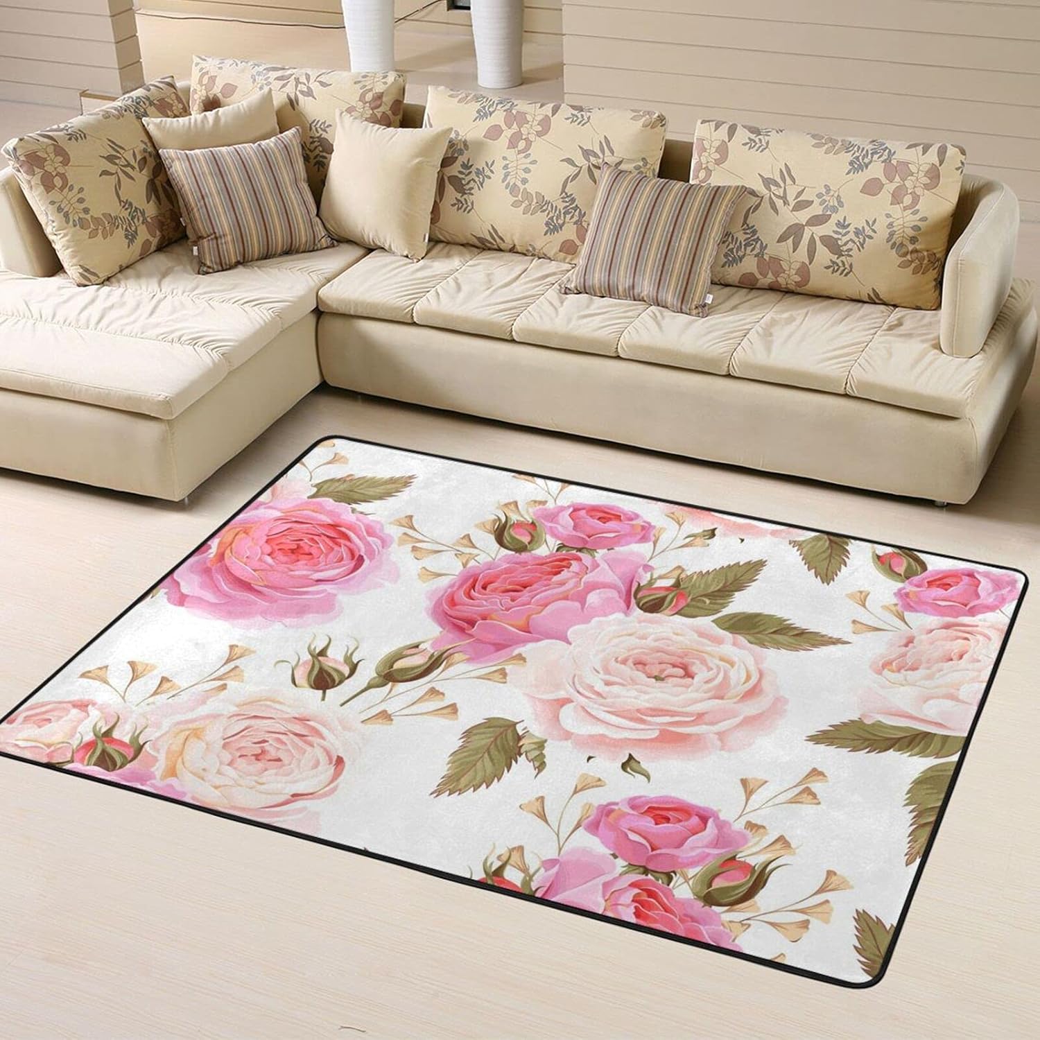 CUTEMAT Alfombras de área rosa con flores florales para dormitorio, sala de estaroficina. Tapetes de piso de 63 x 48 pulgadas, alfombras modernas