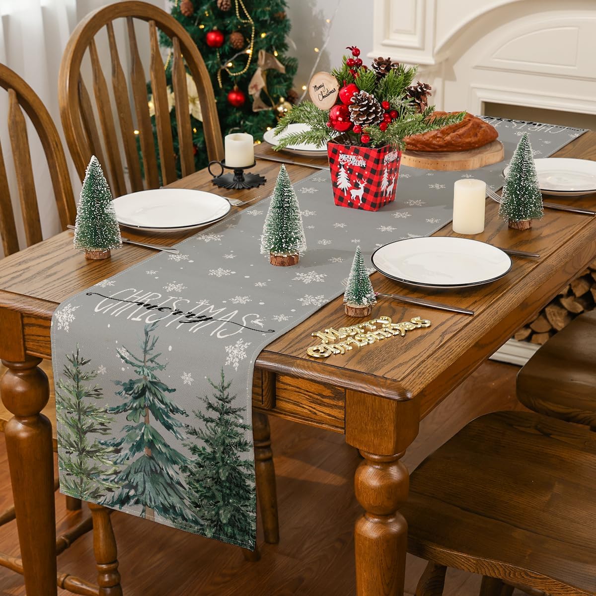 Siilues Camino de mesa de Navidad, decoración de árbol de Navidad en acuarela, copo de nieve, camino de Navidad para mesa, decoración de vacaciones