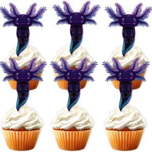 Decoración para cupcakes de postre de dibujos animados de ajolote con purpurina morada, lindo tema de animales, baby shower, niñas y niños, Decoración para cupcakes de postre de dibujos animados de ajolote con purpurina morada, lindo tema de animales, baby shower, niñas y niños,