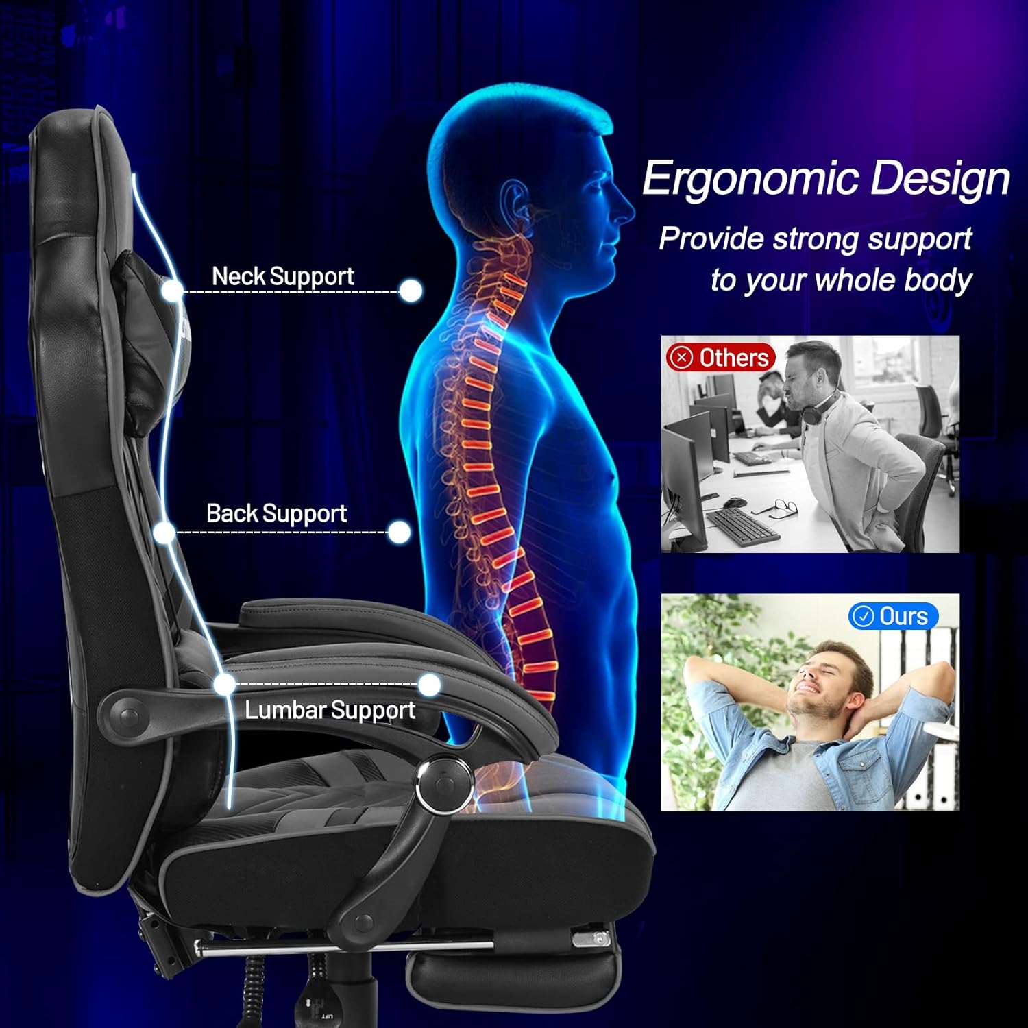 POWERSTONE Silla para videojuegos, silla de videojuegos con reposapiés y soporte lumbar, estilo carreras, silla de computadora de piel sintética,