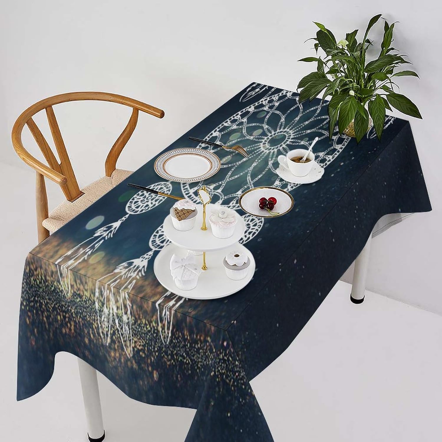 Mantel de vinilo de 60 x 110 pulgadas, mantel rectangular para mesa de café, atrapasueños, cielo estrellado, manteles para fiestas de tela para