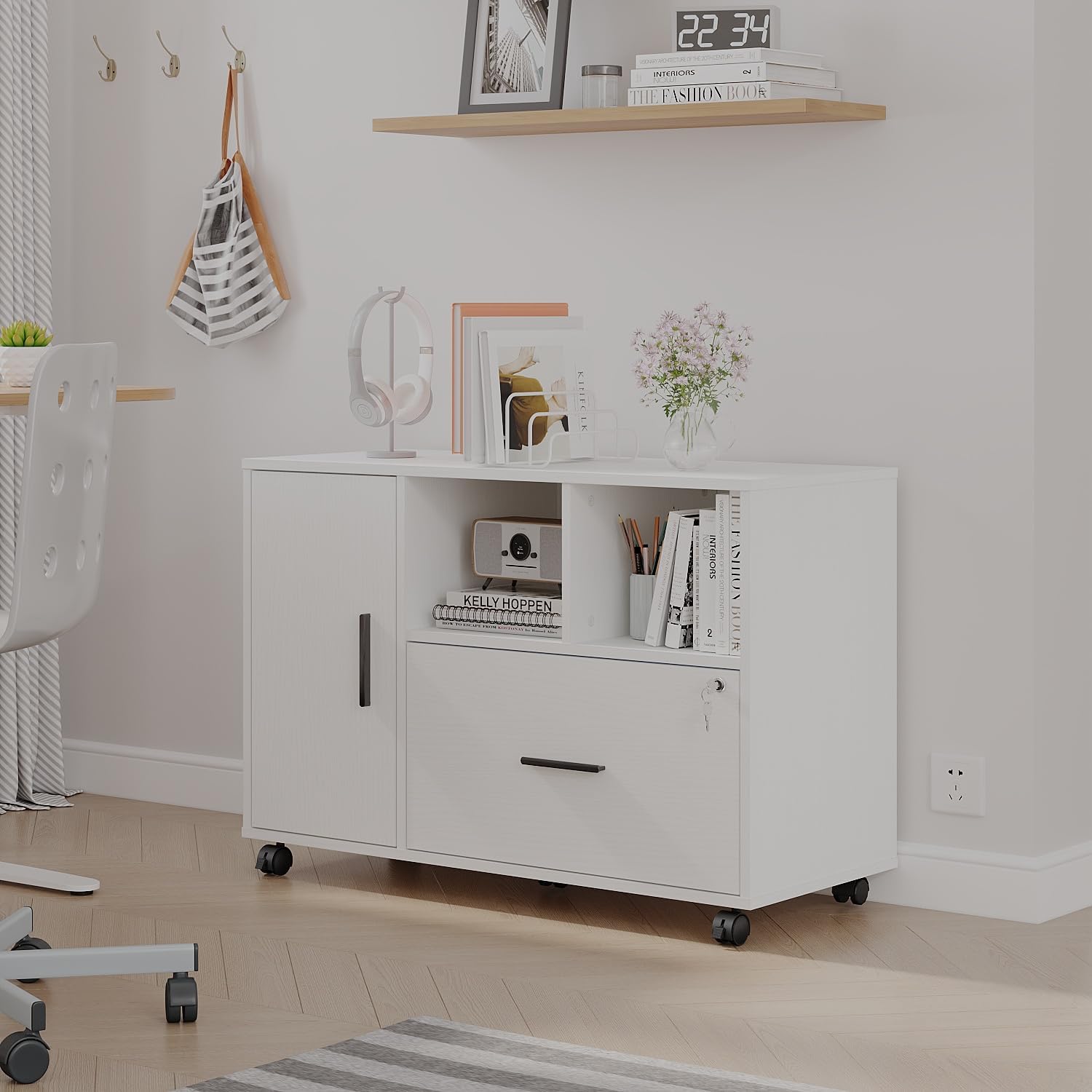 Archivador de madera con cerradura, archivador lateral de oficina de 1 cajón con ruedas, soporte de impresora móvil con estante de almacenamiento