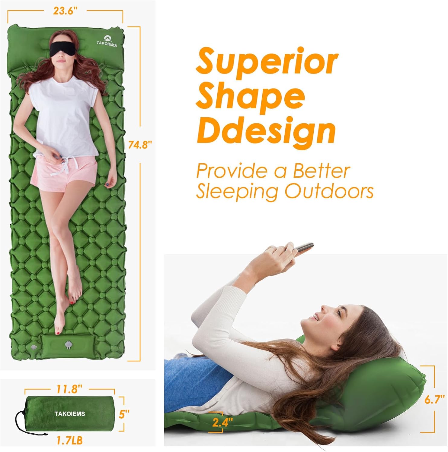 Colchoneta de dormir para camping, colchoneta inflable ultraligera compacta con bomba de pie incorporada, almohadillas de dormir para mochileros,