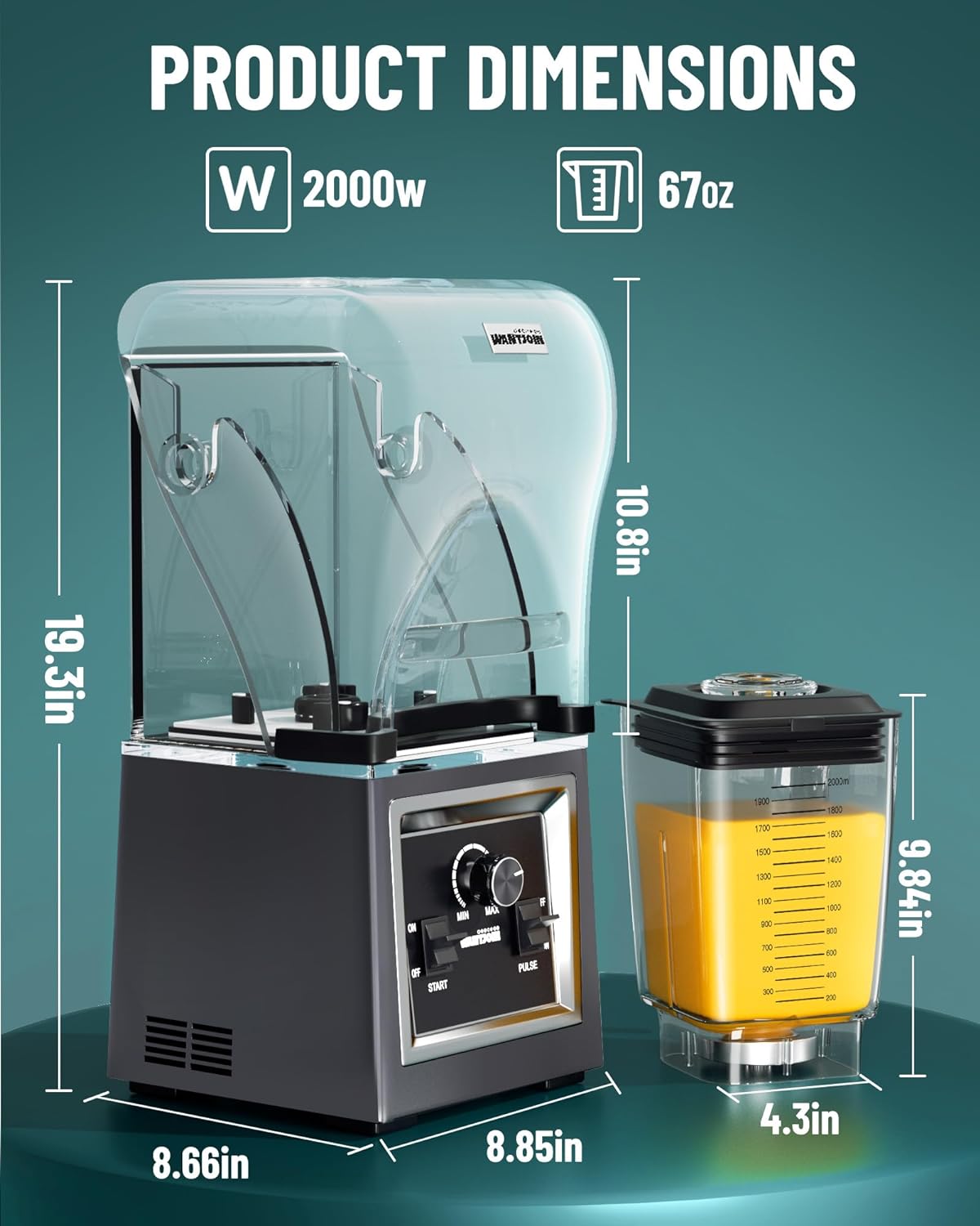 Wantjoin Professional Grade Blender – Soundproof & Quiet Commercial Blenders, Removable Shield, 2000W Watte, 67 Oz Capacity – Perfect for Kitchen,