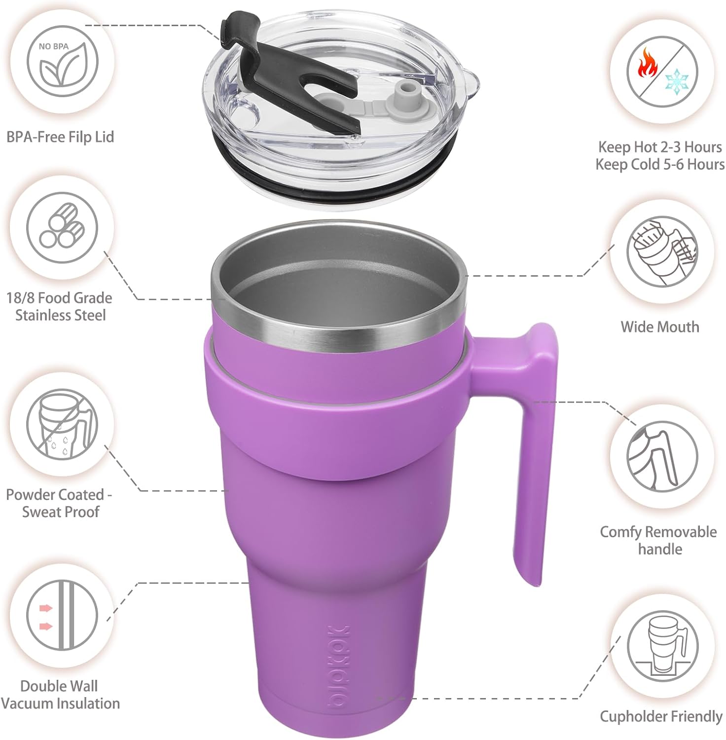 BJPKPK Vaso con asa, vaso de acero inoxidable de 40 onzas con tapa y pajita, tazas de café aisladas, lavanda