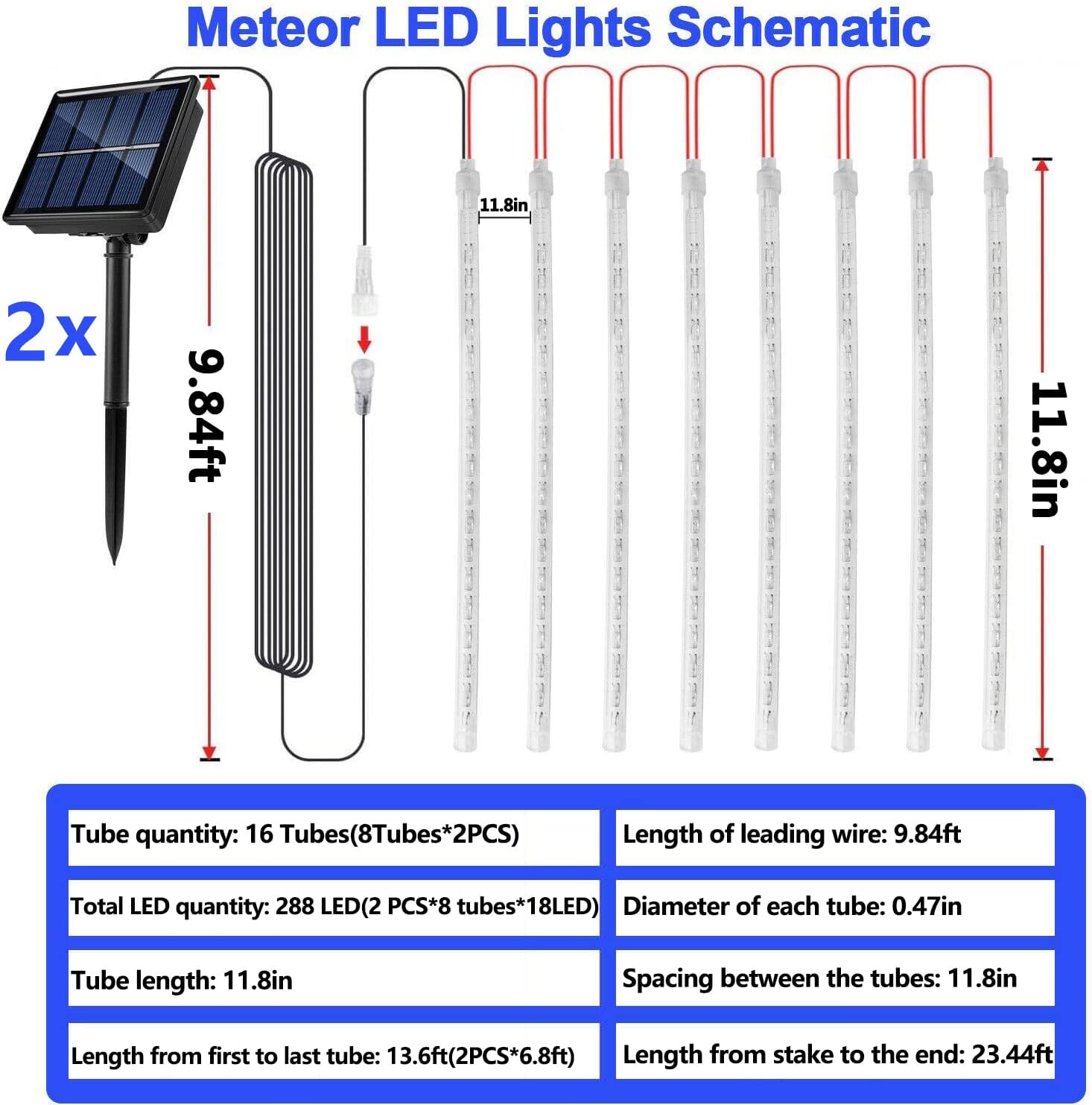 WAKAKA Paquete de 2 luces solares de lluvia de meteoritos para exteriores, luces solares multicolor para exteriores, 11.8 pulgadas, 16 tubos, 288