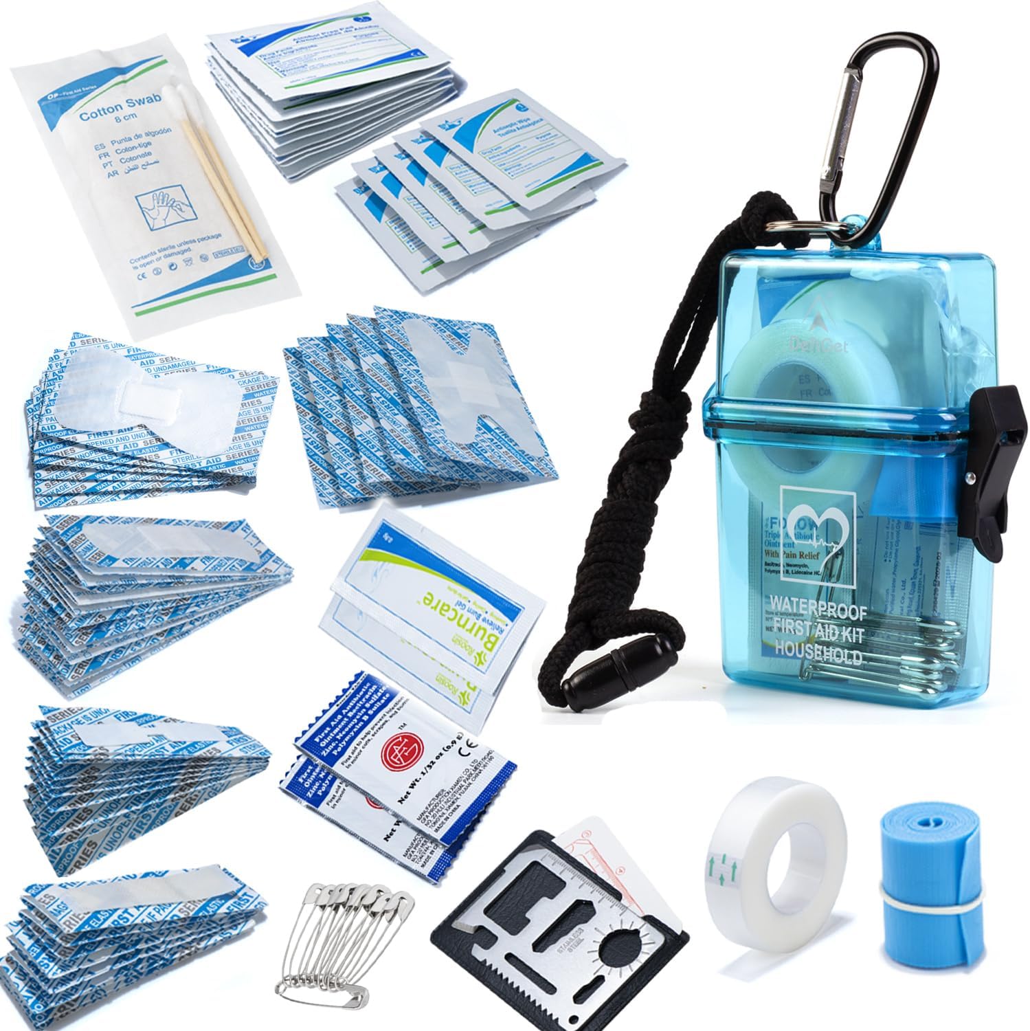 DEFTGET Kit de primeros auxilios a prueba de agua, artículos esenciales de viaje, elegibles para HSAFSA, pequeños kits de supervivencia de