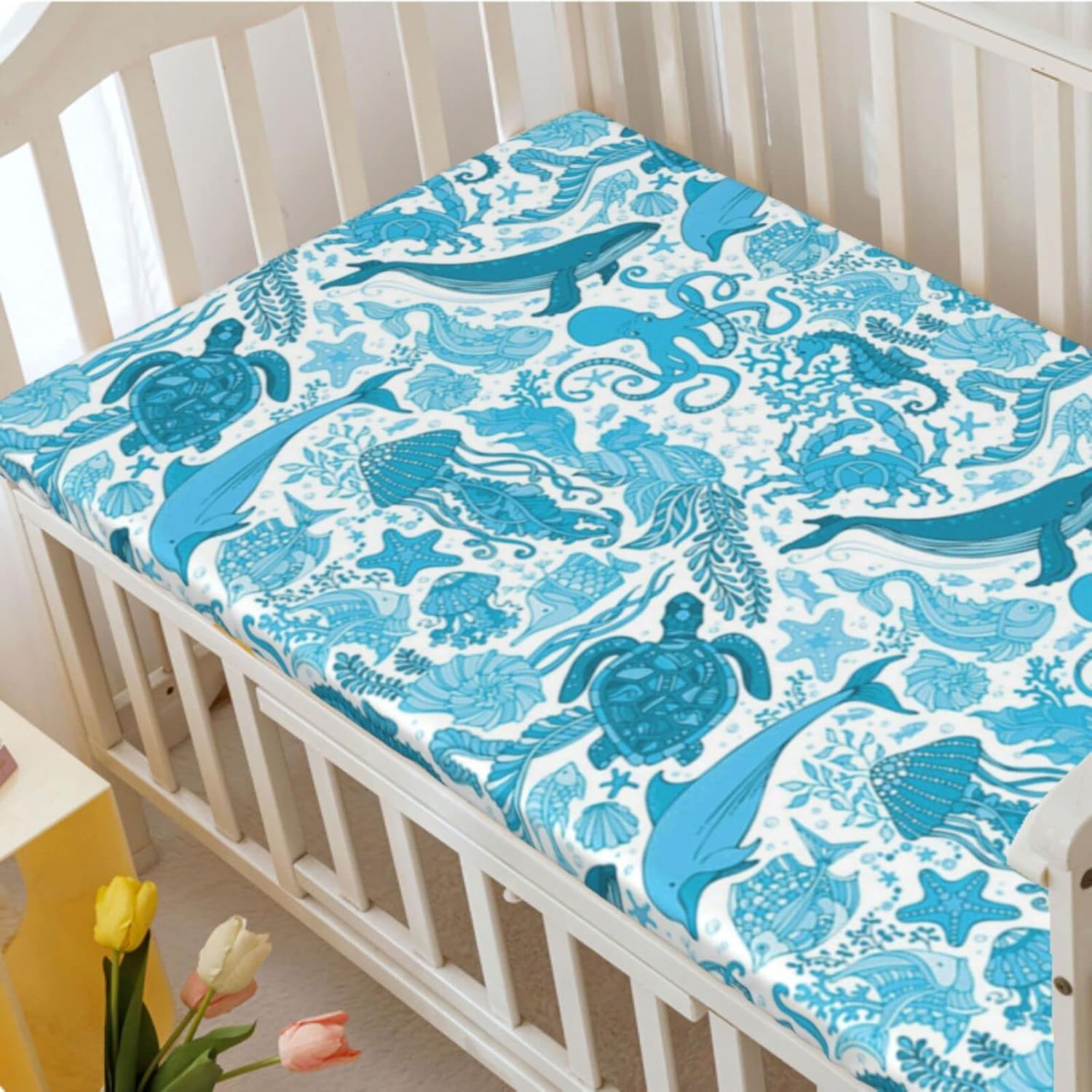 Sábana bajera ajustable para cuna con temática de ballenas, sábana bajera estándar para cuna, material ultra suave, sábana de colchón para cuna o